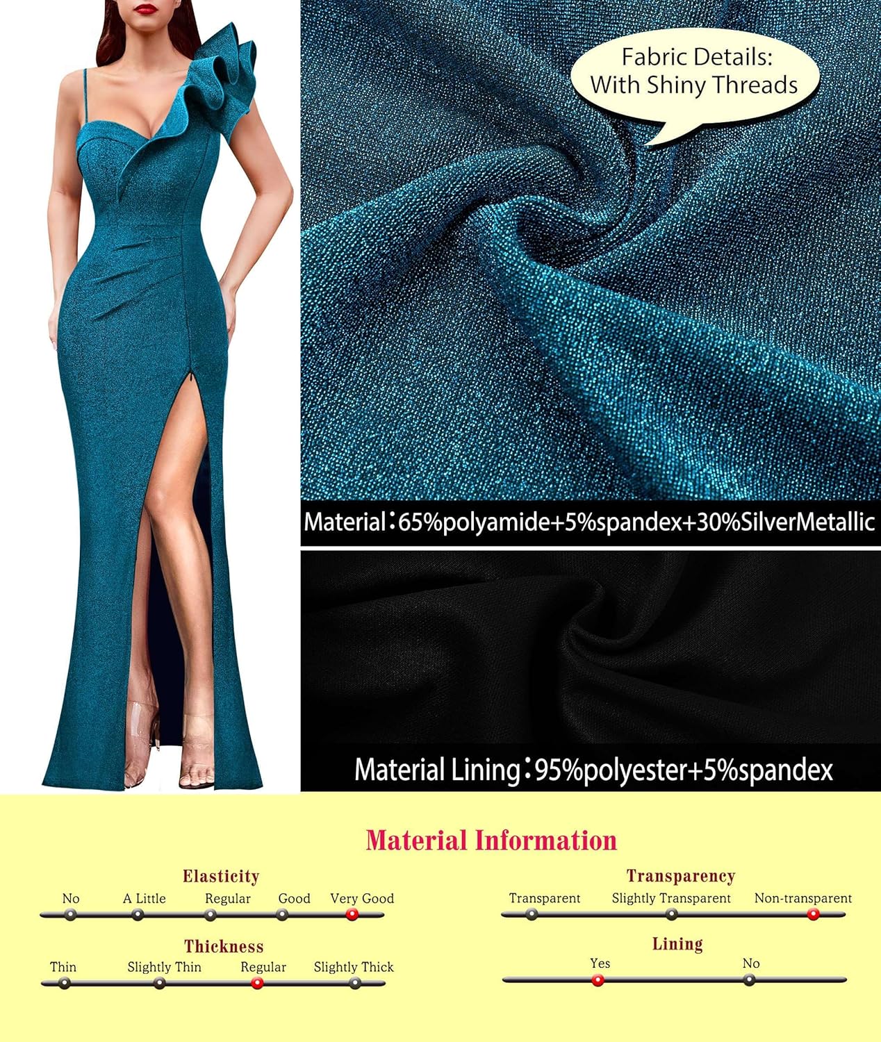 VFSHOW Womens Ruffle One Shoulder Strap Ruched Formal Prom Wedding Maxi Dress V Neck Elegant Split Cocktail Evening Long Gown