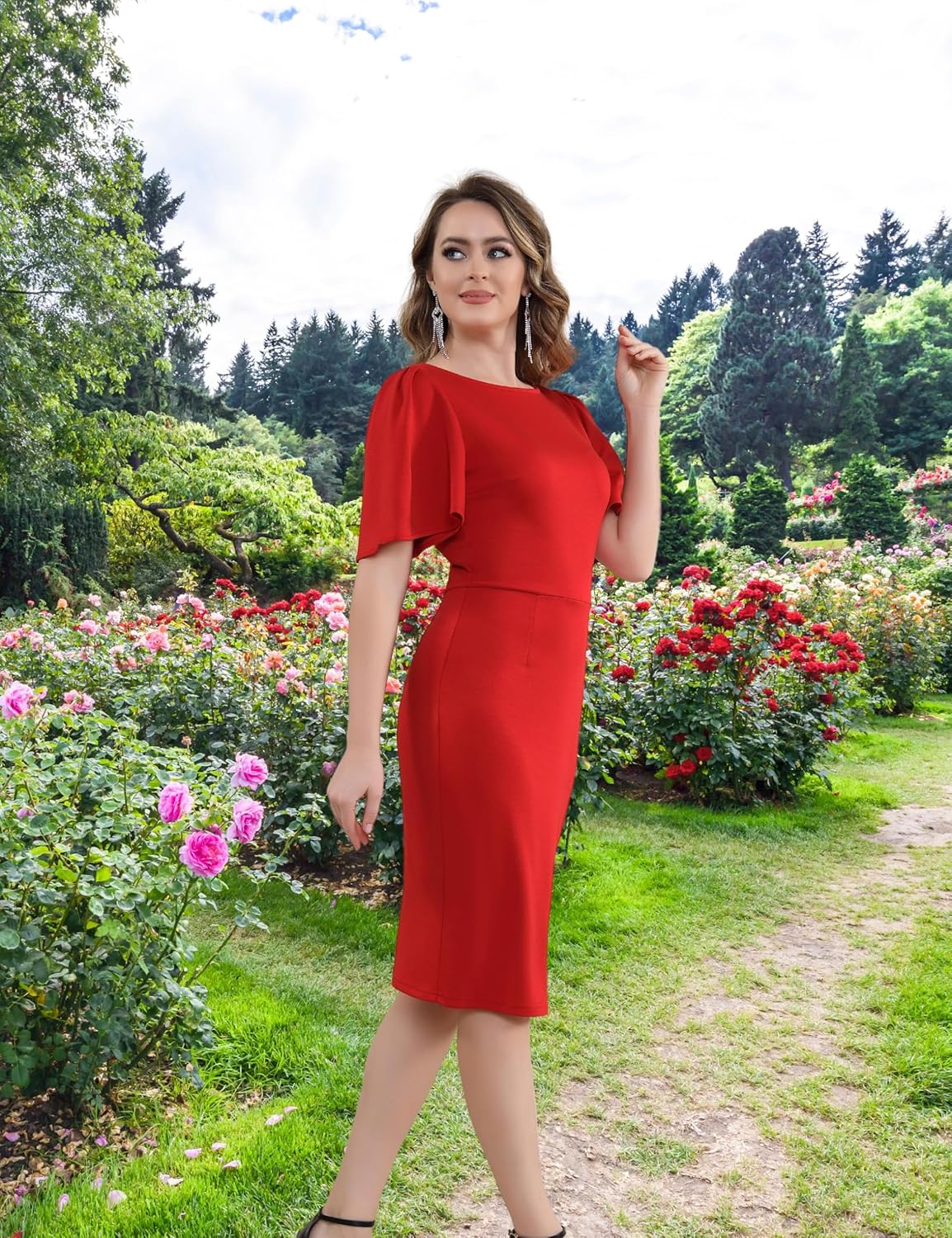Aphratti Women's Short Sleeve Work Sheath Midi Dress Elegant Fitted Cocktail Party Church Funeral Outfit