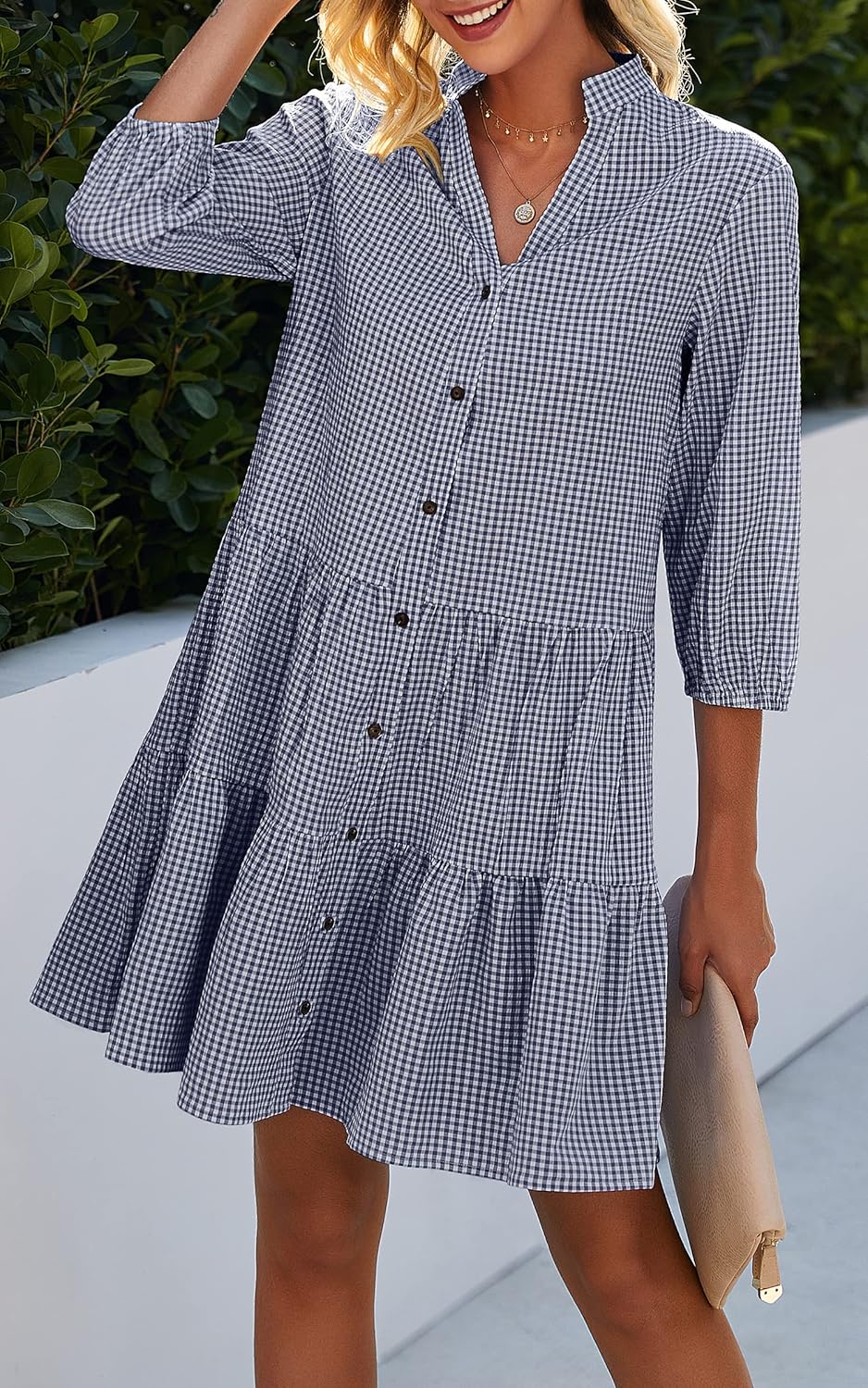 CCTOO Women's Summer Dresses Casual V Neck Button Down 3/4 Sleeve Floral Print Loose Flowy Shirt Dress