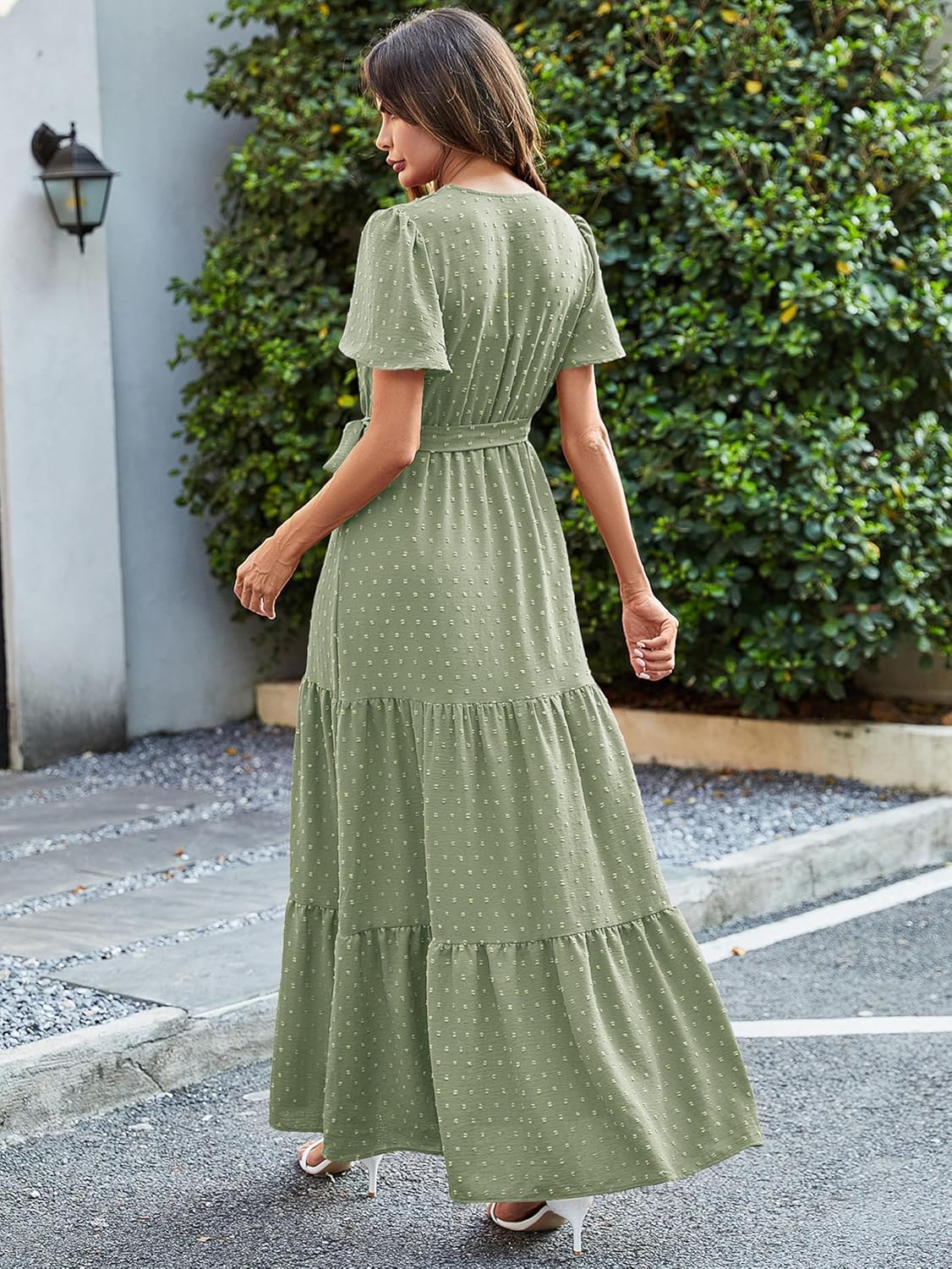 MASCOMODA Womens Boho Swiss Dot Maxi Dresses Wrap V Neck Flutter Short Sleeve Solid Tie Belt A Line Tiered Flowy Long Dress