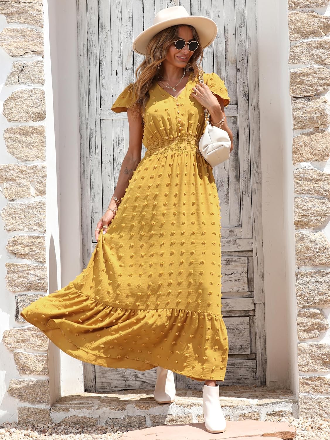 PRETTYGARDEN Womens Dresses 2025 Summer Maxi Dress Boho Short Sleeve V Neck Swiss Dot Ruffle Tiered Smocked Flowy Long Dress