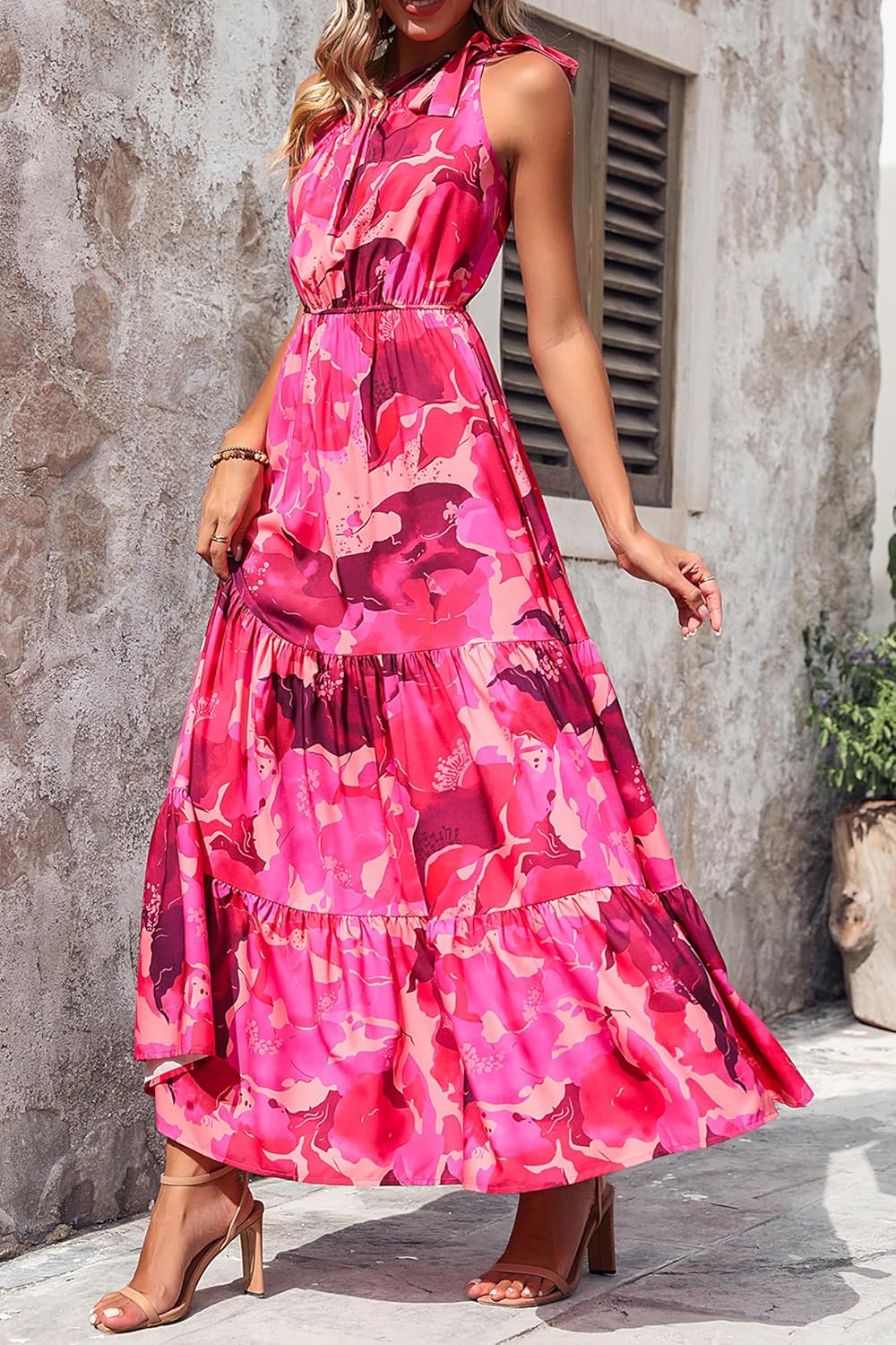 PRETTYGARDEN Women's Summer Floral Maxi Dress Knot One Shoulder Sleeveless Ruffle Flowy Boho Beach Wedding Guest Dresses
