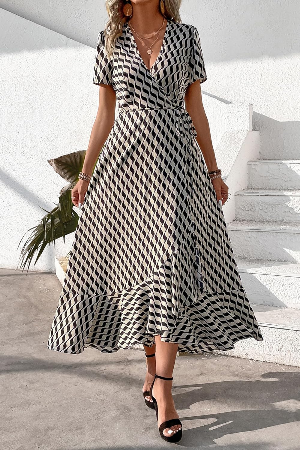 PRETTYGARDEN Women's Summer Wrap Maxi Dress Casual Short Sleeve Floral Boho V Neck Split Ruffle Beach Long Dresses