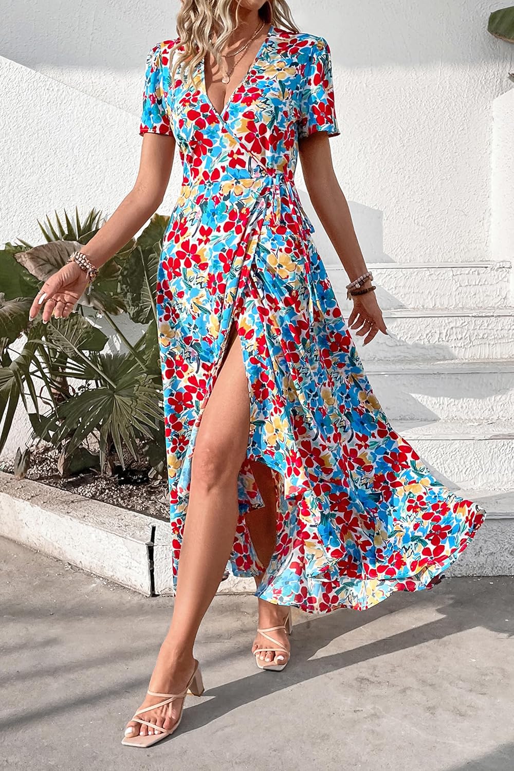 PRETTYGARDEN Women's Summer Wrap Maxi Dress Casual Short Sleeve Floral Boho V Neck Split Ruffle Beach Long Dresses
