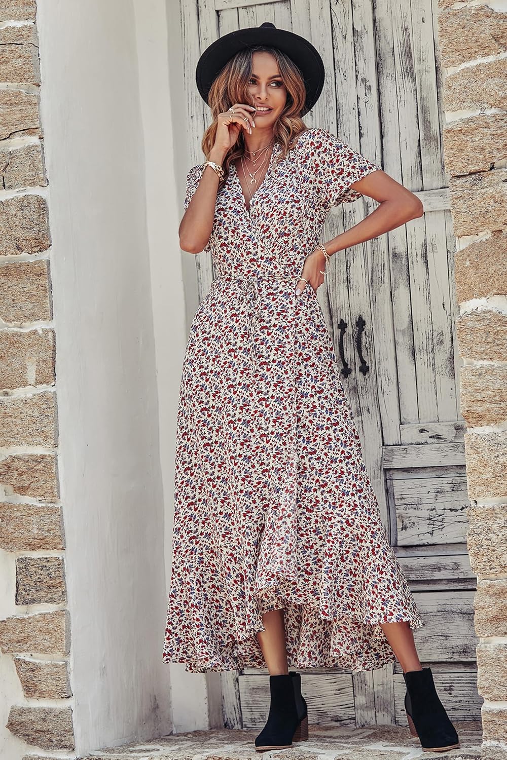 PRETTYGARDEN Women's Summer Wrap Maxi Dress Casual Short Sleeve Floral Boho V Neck Split Ruffle Beach Long Dresses