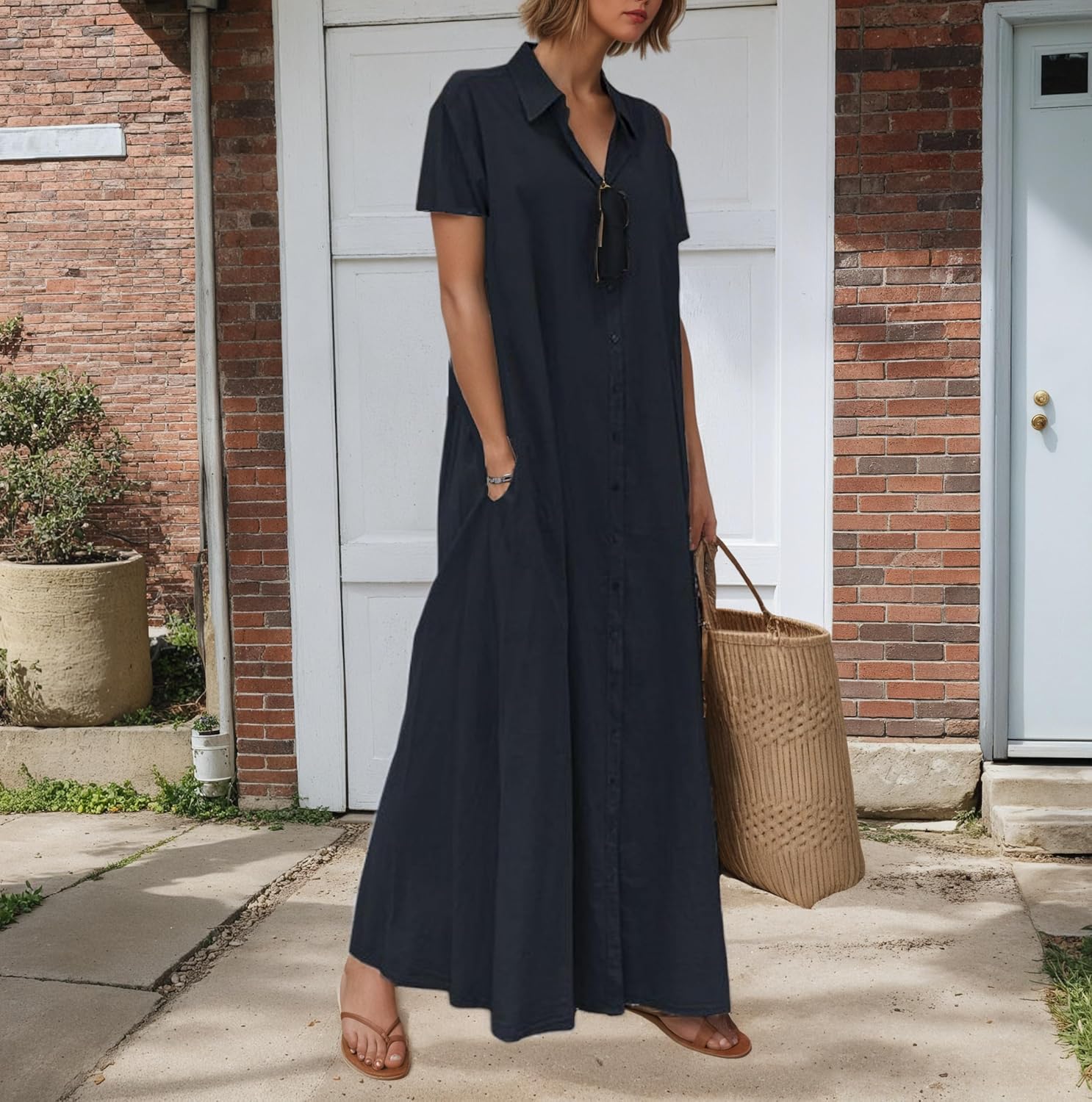 TIAFORD Womens 2025 Trendy Button Down Cotton Linen Maxi Dress Plus Size Short Sleeve Lapel Shirt Dresses with 2 Pockets