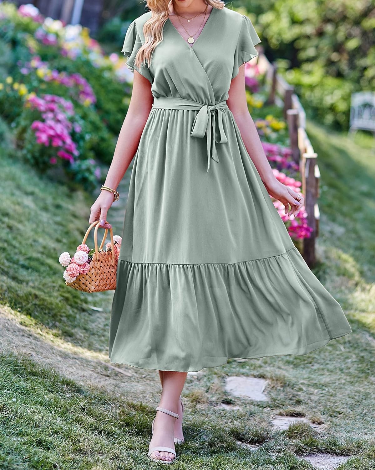 BTFBM Women Summer Bohemian Floral Casual Wrap V Neck Ruffle Cap Sleeveless Belt A-Line Pleated Hem Midi Sun Dress White