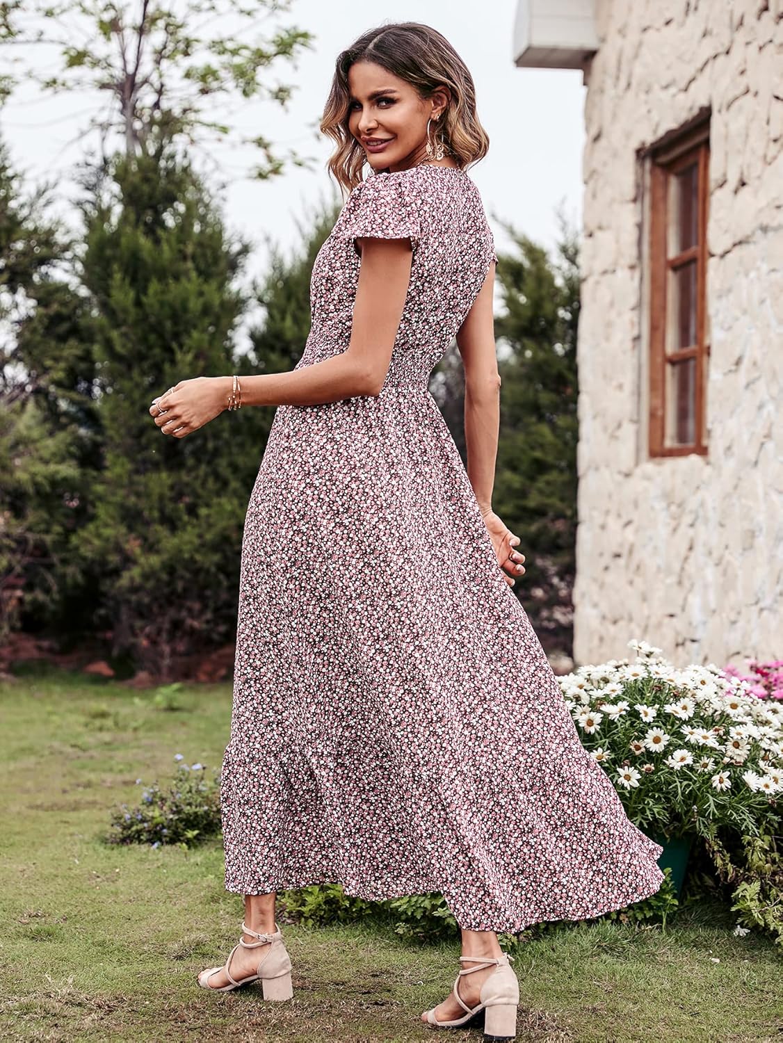 PRETTYGARDEN Womens Dresses 2025 Summer Maxi Dress Boho Short Sleeve V Neck Swiss Dot Ruffle Tiered Smocked Flowy Long Dress