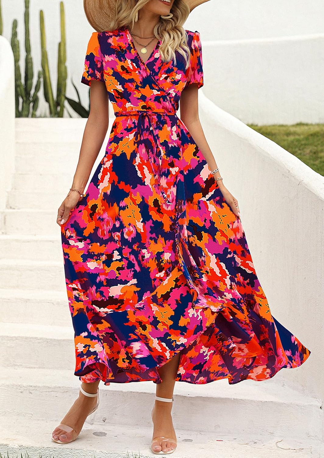 PRETTYGARDEN Women's Summer Wrap Maxi Dress Casual Short Sleeve Floral Boho V Neck Split Ruffle Beach Long Dresses