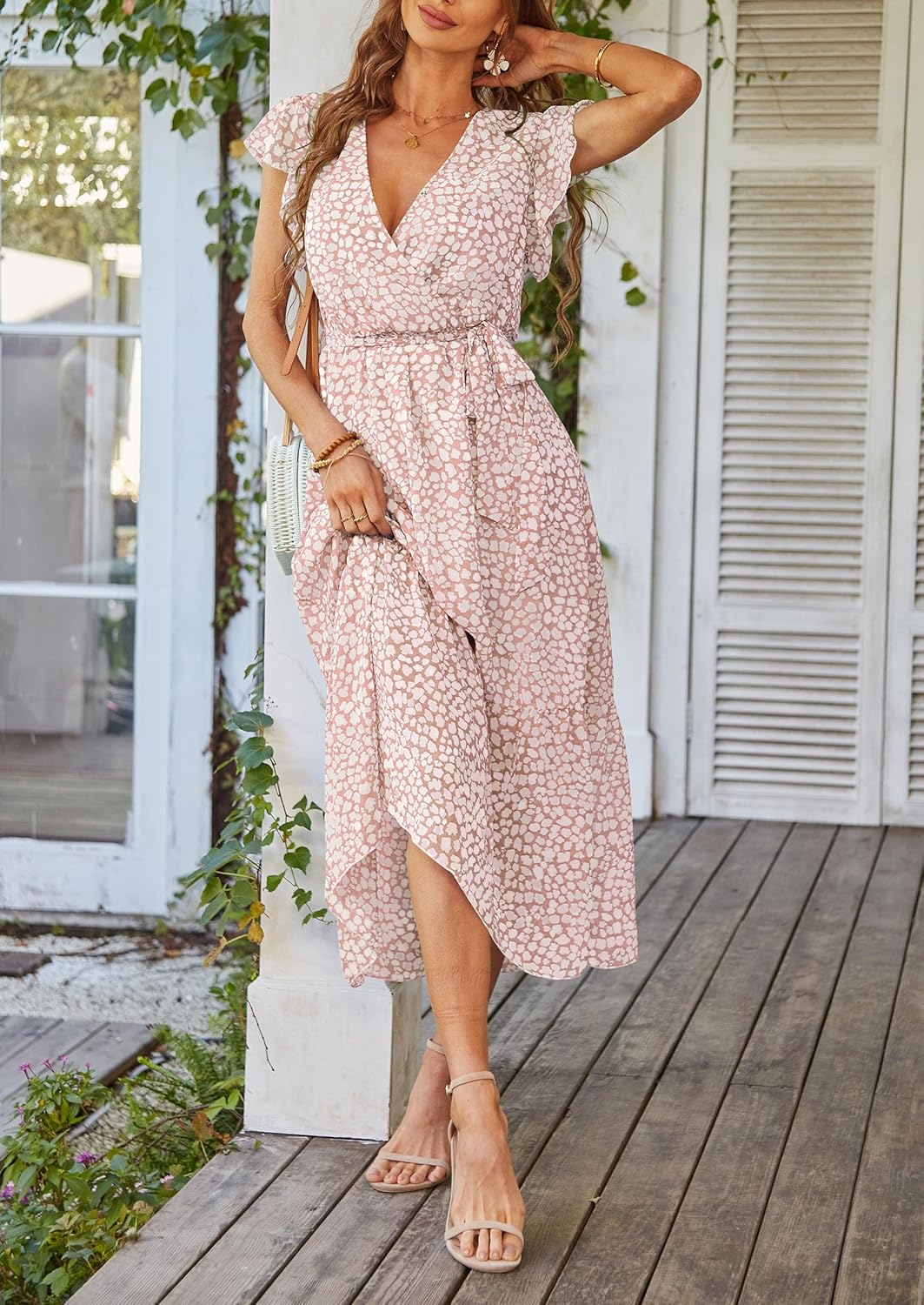 PRETTYGARDEN Women's Summer Floral Boho Dress Wrap V Neck Short Sleeve Ruffle A-Line Flowy Maxi Wedding Guest Dresses