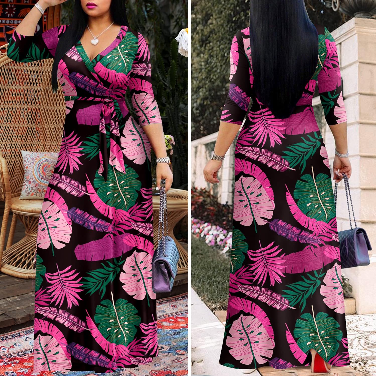 FANDEE Plus Size Maxi Dress for Women Casual Summer Sundress V-Neck 3/4 Sleeve