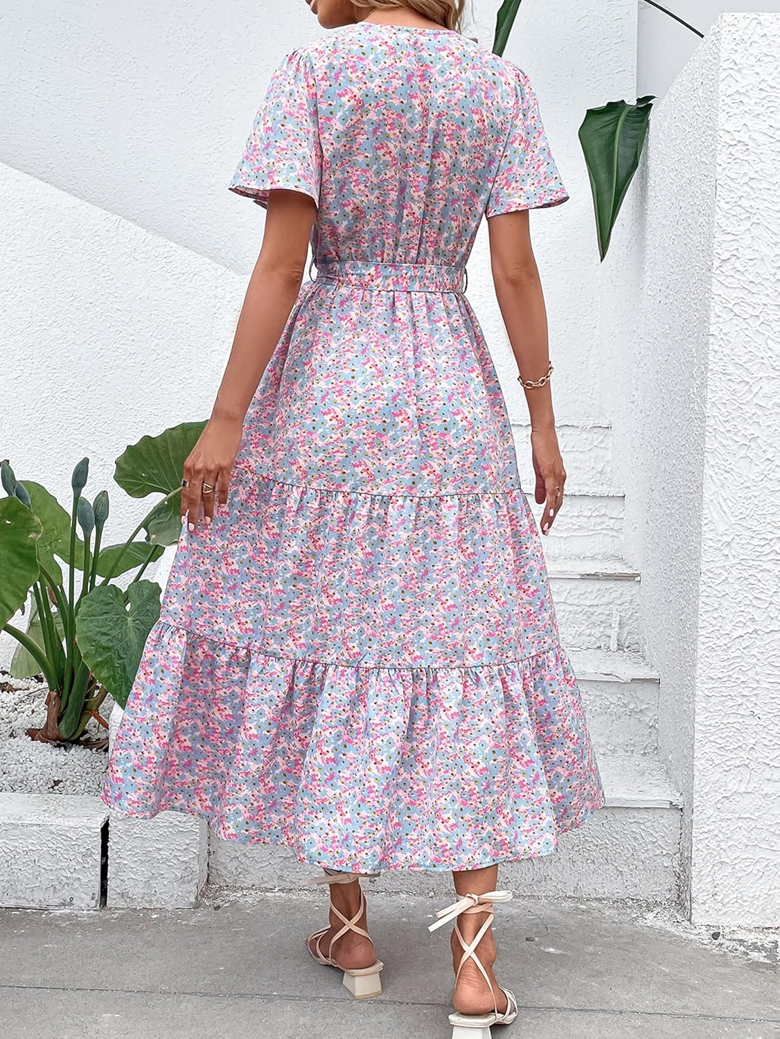 MASCOMODA Womens Boho Swiss Dot Maxi Dresses Wrap V Neck Flutter Short Sleeve Solid Tie Belt A Line Tiered Flowy Long Dress