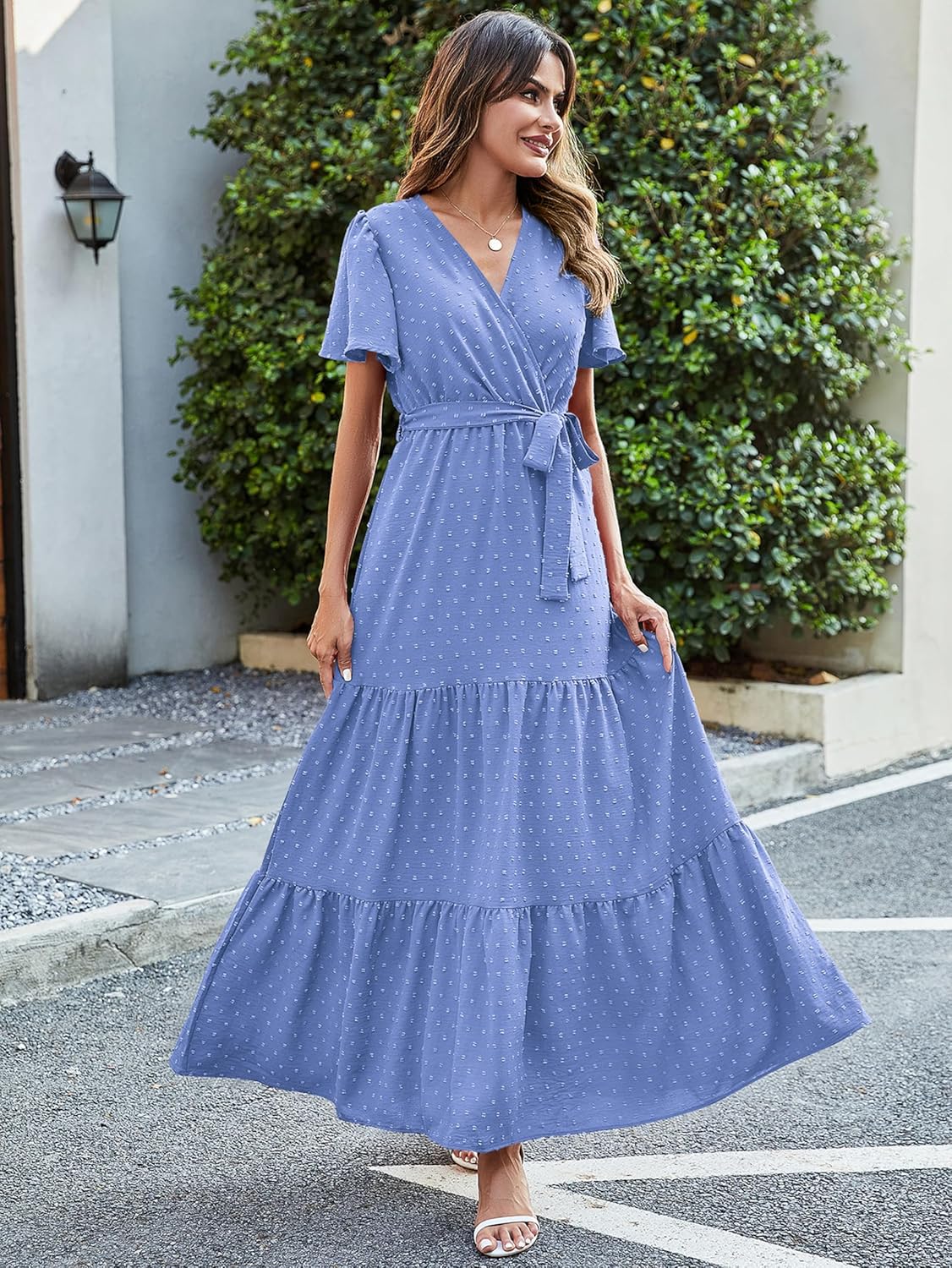 MASCOMODA Womens Boho Swiss Dot Maxi Dresses Wrap V Neck Flutter Short Sleeve Solid Tie Belt A Line Tiered Flowy Long Dress