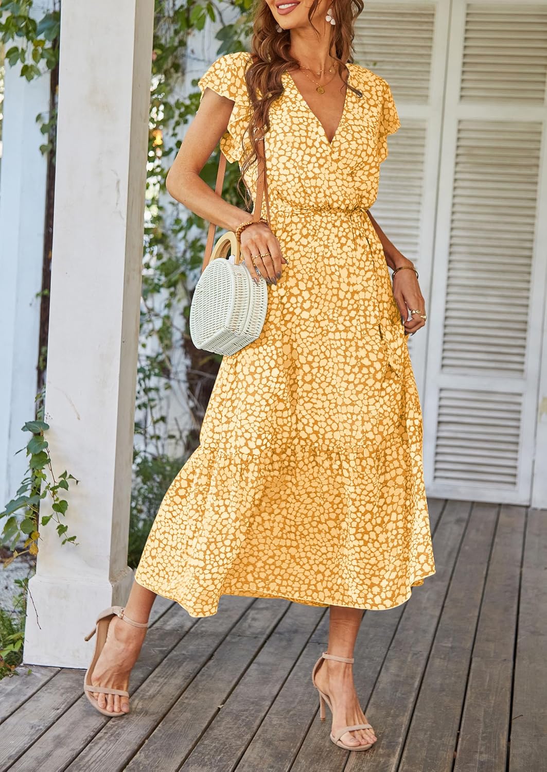 PRETTYGARDEN Women's Summer Floral Boho Dress Wrap V Neck Short Sleeve Ruffle A-Line Flowy Maxi Wedding Guest Dresses