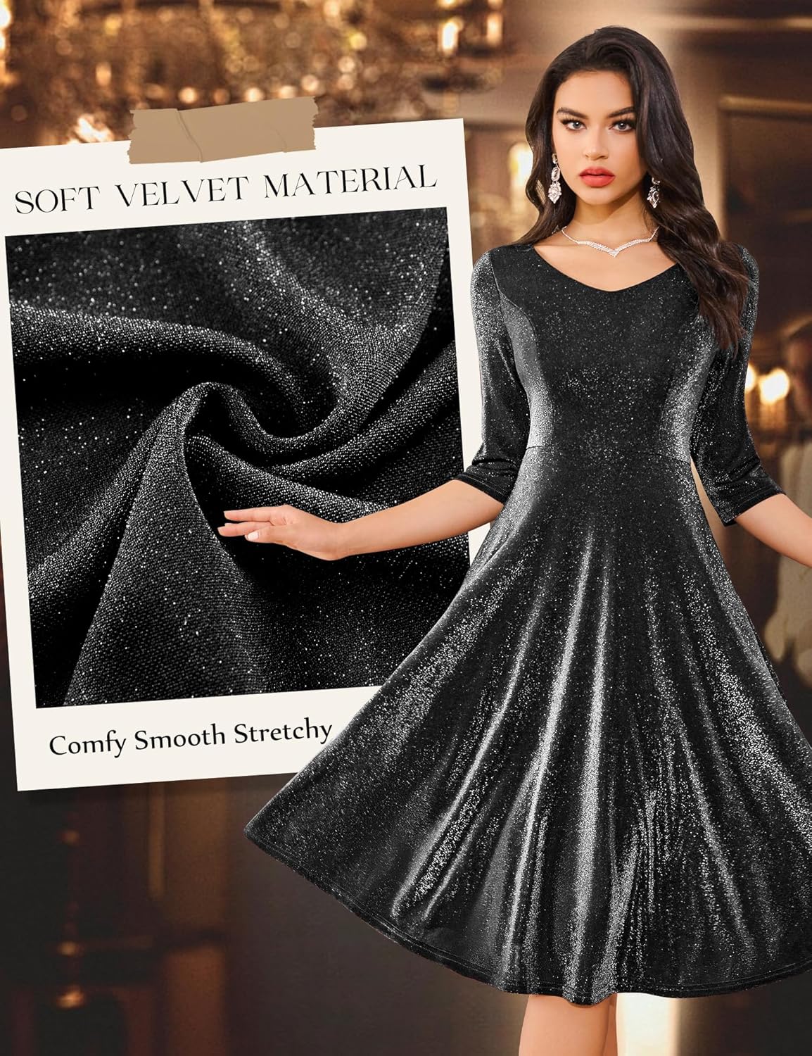 Dressystar Womens Long-Sleeve Wedding Guest Dress A-Line Lace Formal Party Cocktail Midi Dress Prom Gown
