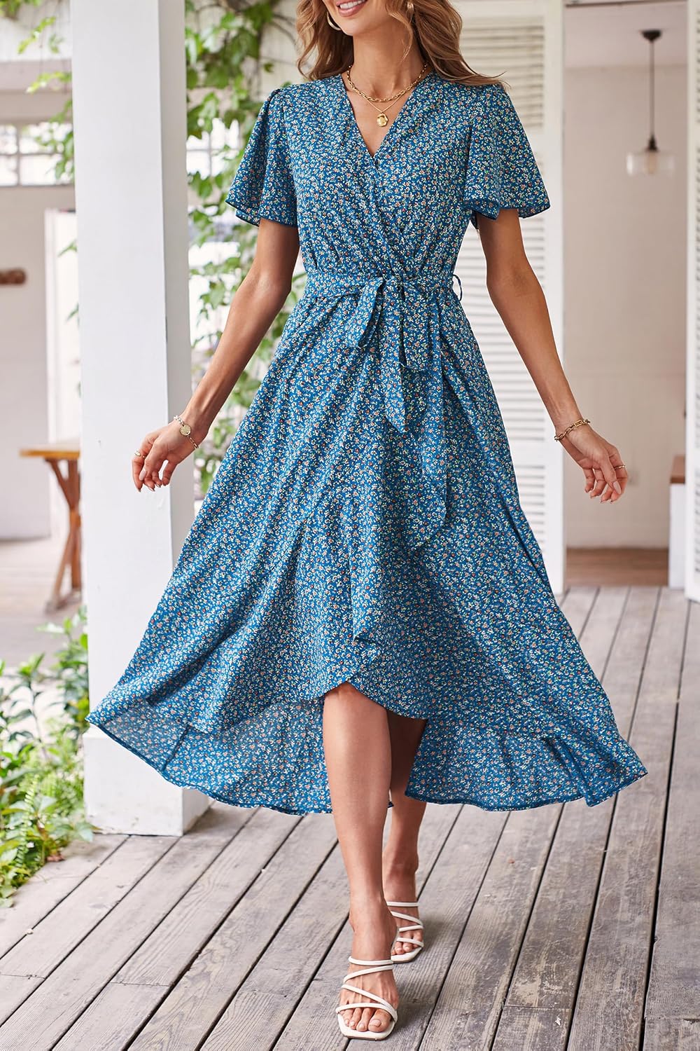 PRETTYGARDEN Women's Summer Floral Boho Dress Wrap V Neck Short Sleeve Ruffle A-Line Flowy Maxi Wedding Guest Dresses