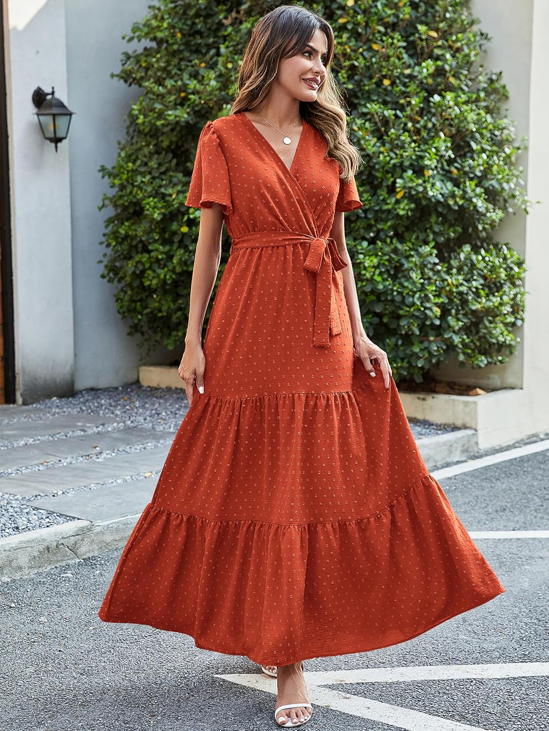 MASCOMODA Womens Boho Swiss Dot Maxi Dresses Wrap V Neck Flutter Short Sleeve Solid Tie Belt A Line Tiered Flowy Long Dress