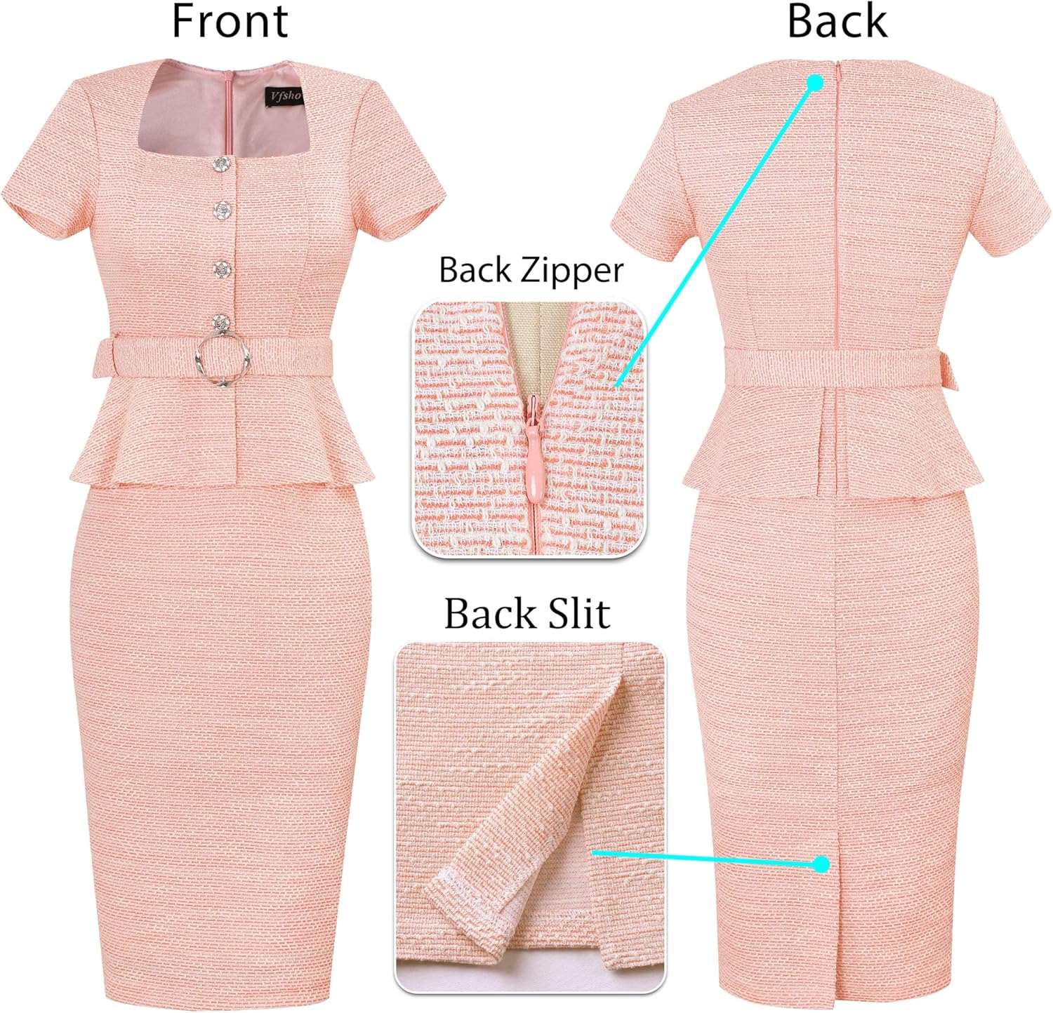 VFSHOW Womens 2024 Business Work Office Square Neck Belted Peplum Buttons Slim Bodycon Sheath Dress