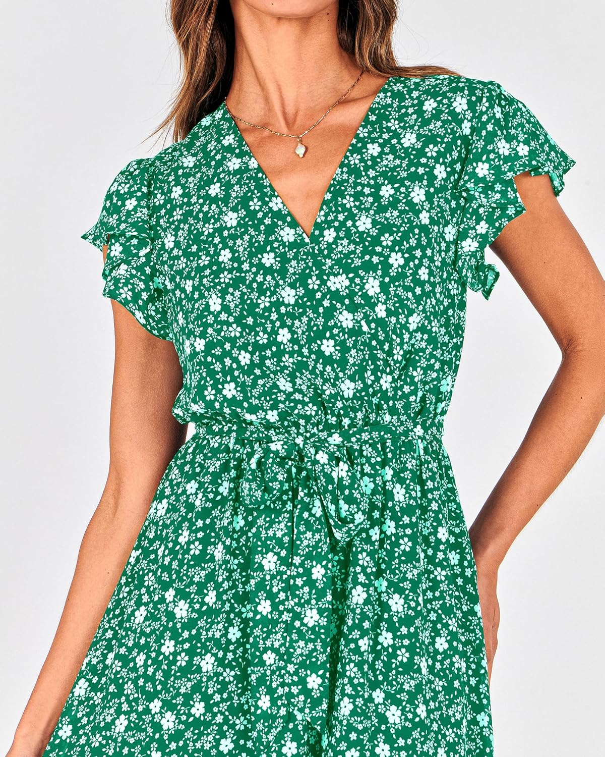 BTFBM Women Summer Bohemian Floral Casual Wrap V Neck Ruffle Cap Sleeveless Belt A-Line Pleated Hem Midi Sun Dress White
