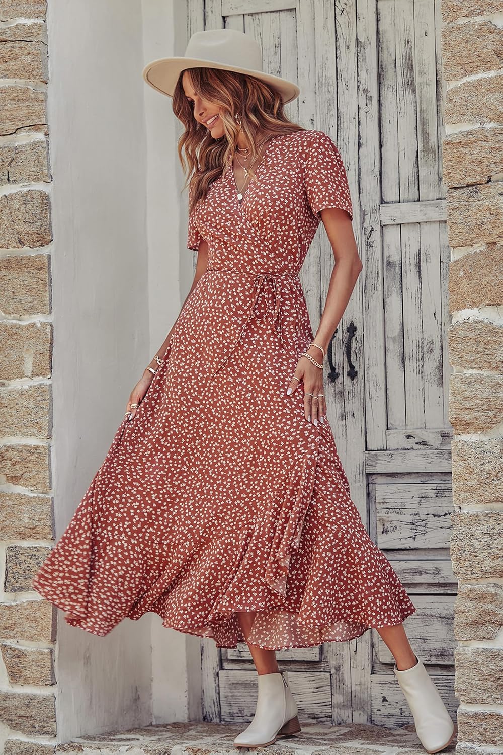 PRETTYGARDEN Women's Summer Wrap Maxi Dress Casual Short Sleeve Floral Boho V Neck Split Ruffle Beach Long Dresses