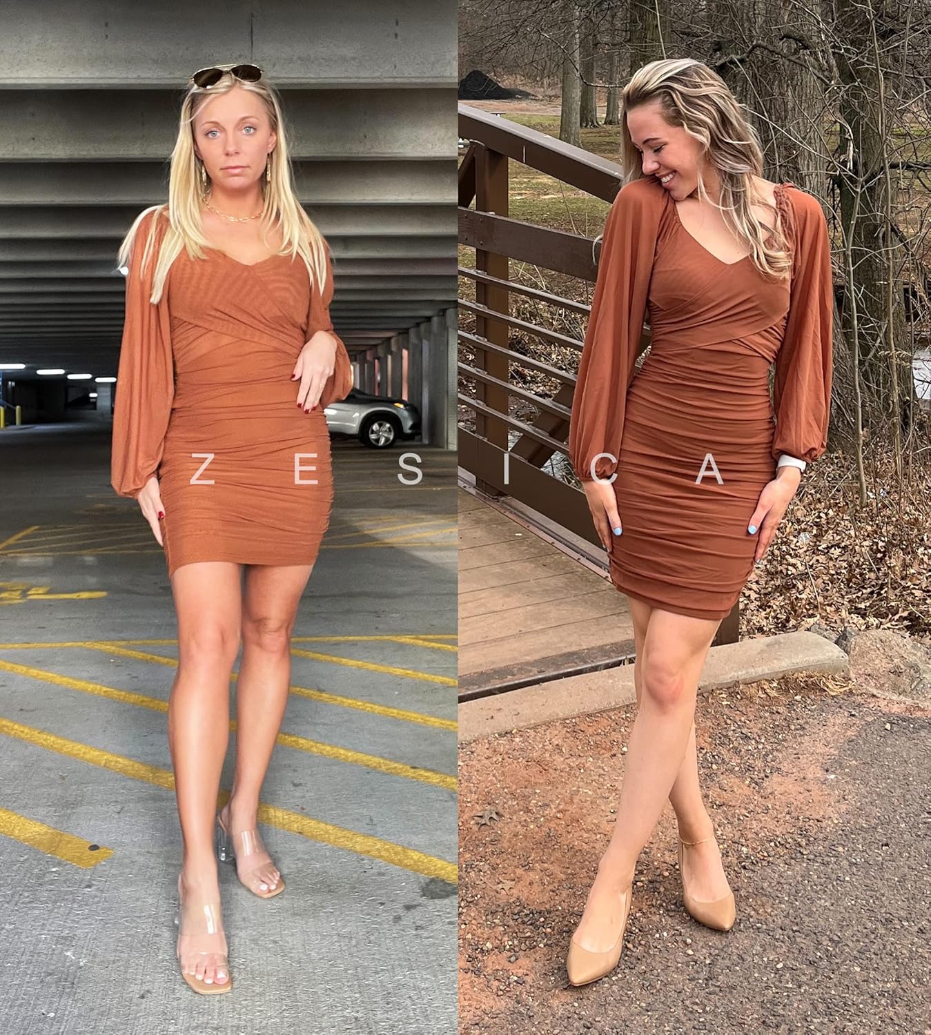 ZESICA Women's Sexy V Neck Ruched Bodycon Mini Dress Puff Long Sleeve Cocktail Wedding Party Short Dresses