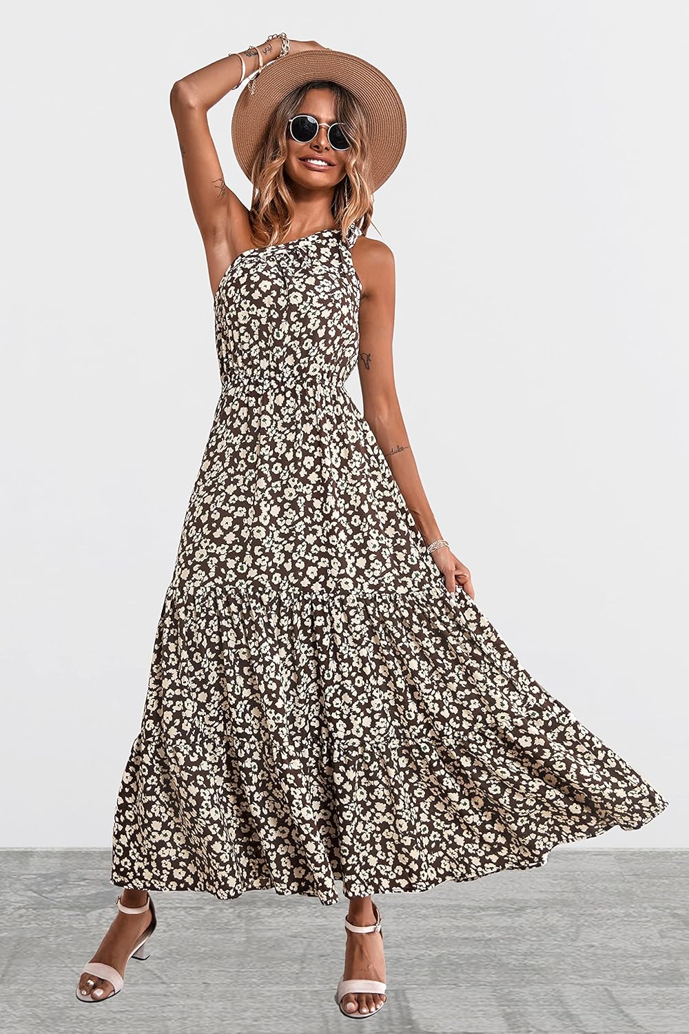 PRETTYGARDEN Women's Summer Floral Maxi Dress Knot One Shoulder Sleeveless Ruffle Flowy Boho Beach Wedding Guest Dresses