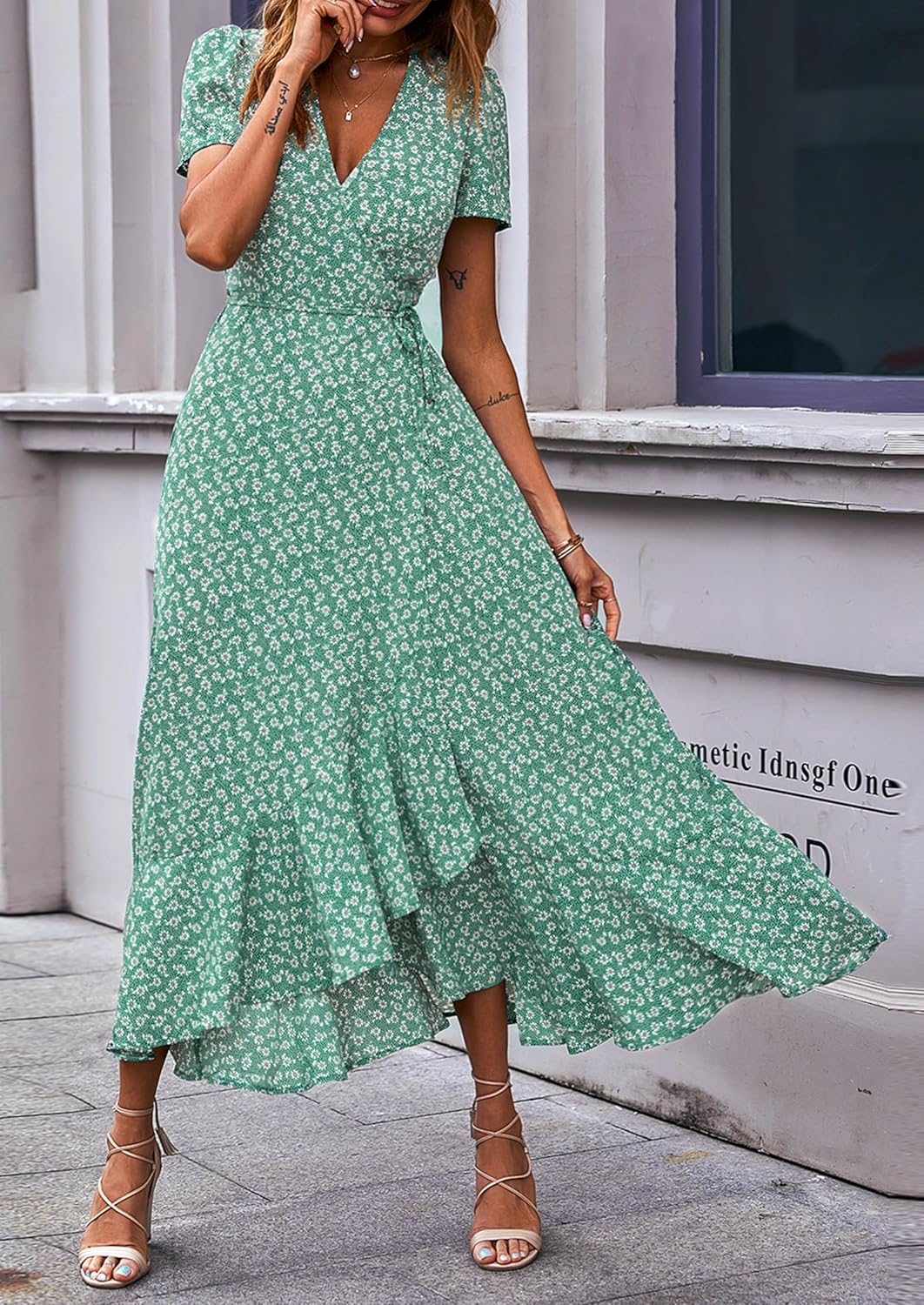 PRETTYGARDEN Women's Summer Wrap Maxi Dress Casual Short Sleeve Floral Boho V Neck Split Ruffle Beach Long Dresses