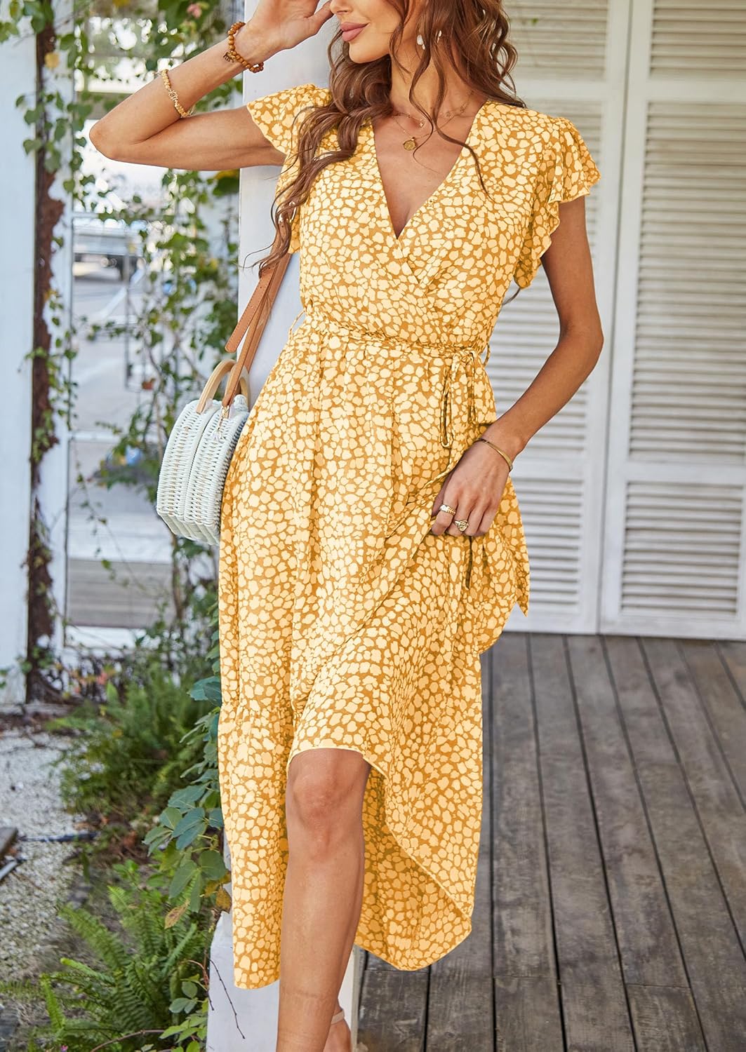 PRETTYGARDEN Women's Summer Floral Boho Dress Wrap V Neck Short Sleeve Ruffle A-Line Flowy Maxi Wedding Guest Dresses