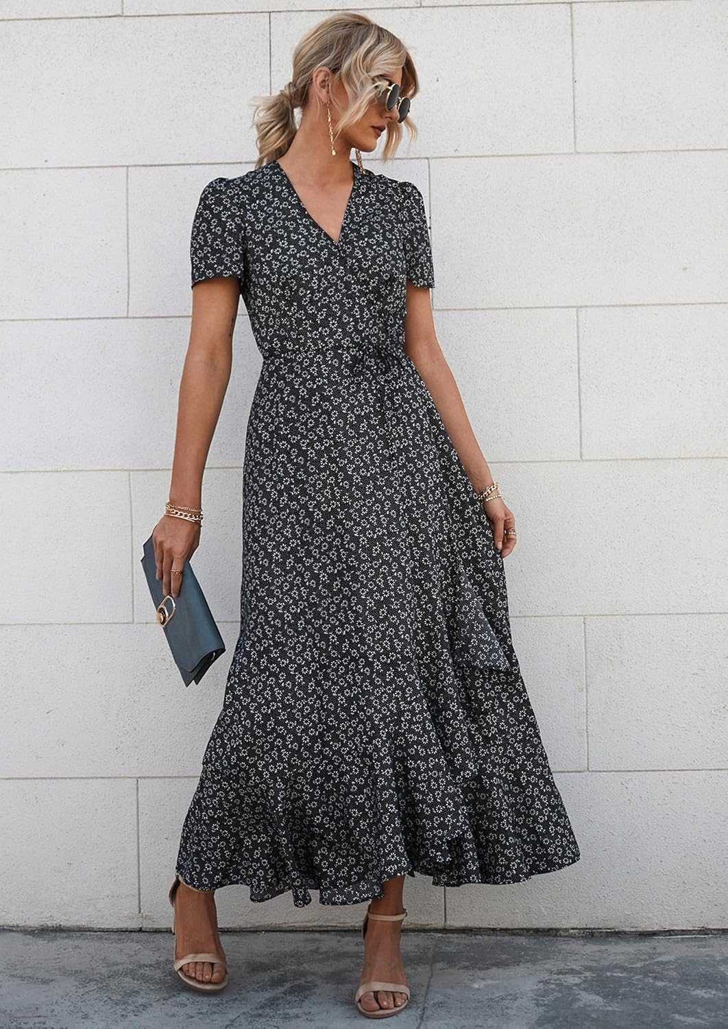 PRETTYGARDEN Women's Summer Wrap Maxi Dress Casual Short Sleeve Floral Boho V Neck Split Ruffle Beach Long Dresses