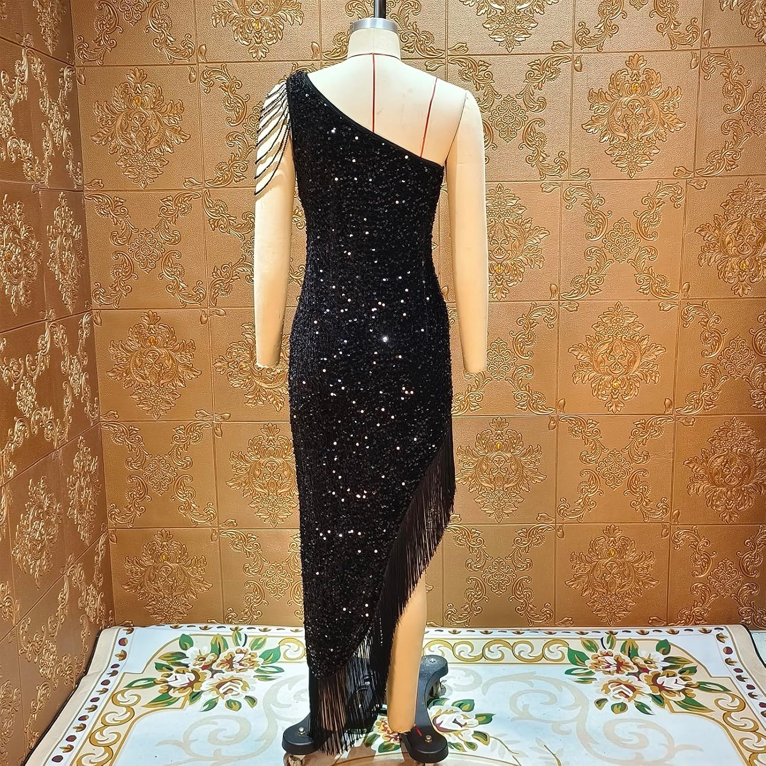 Cololura Women Sequin Elegant Sexy Tassels One Shoulder Mermaid Bodycon Cocktail Evening Midi Party Formal Dress