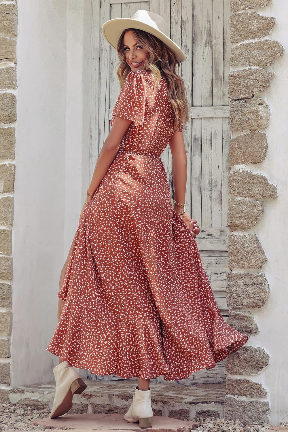 PRETTYGARDEN Women's Summer Wrap Maxi Dress Casual Short Sleeve Floral Boho V Neck Split Ruffle Beach Long Dresses