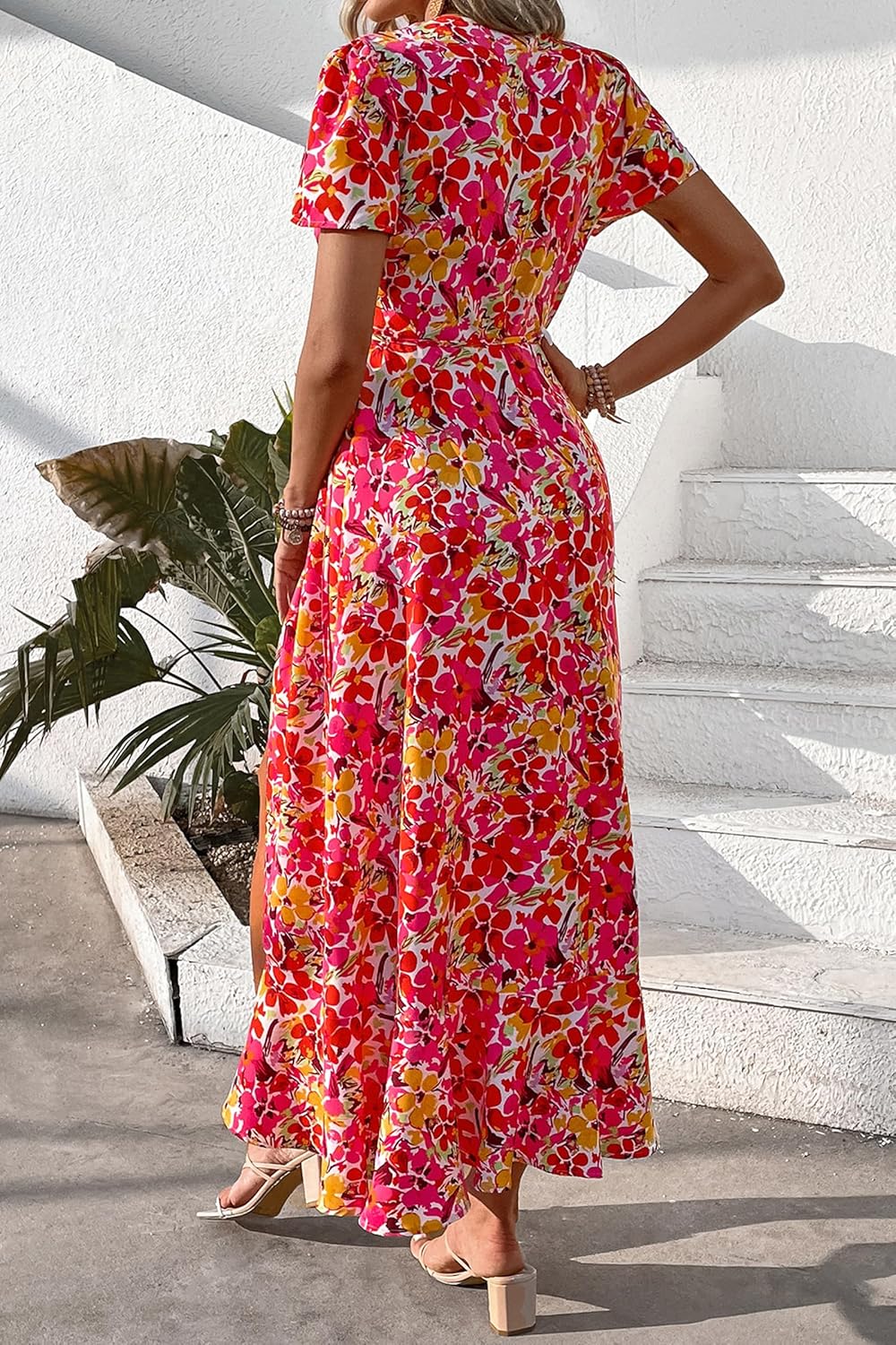 PRETTYGARDEN Women's Summer Wrap Maxi Dress Casual Short Sleeve Floral Boho V Neck Split Ruffle Beach Long Dresses
