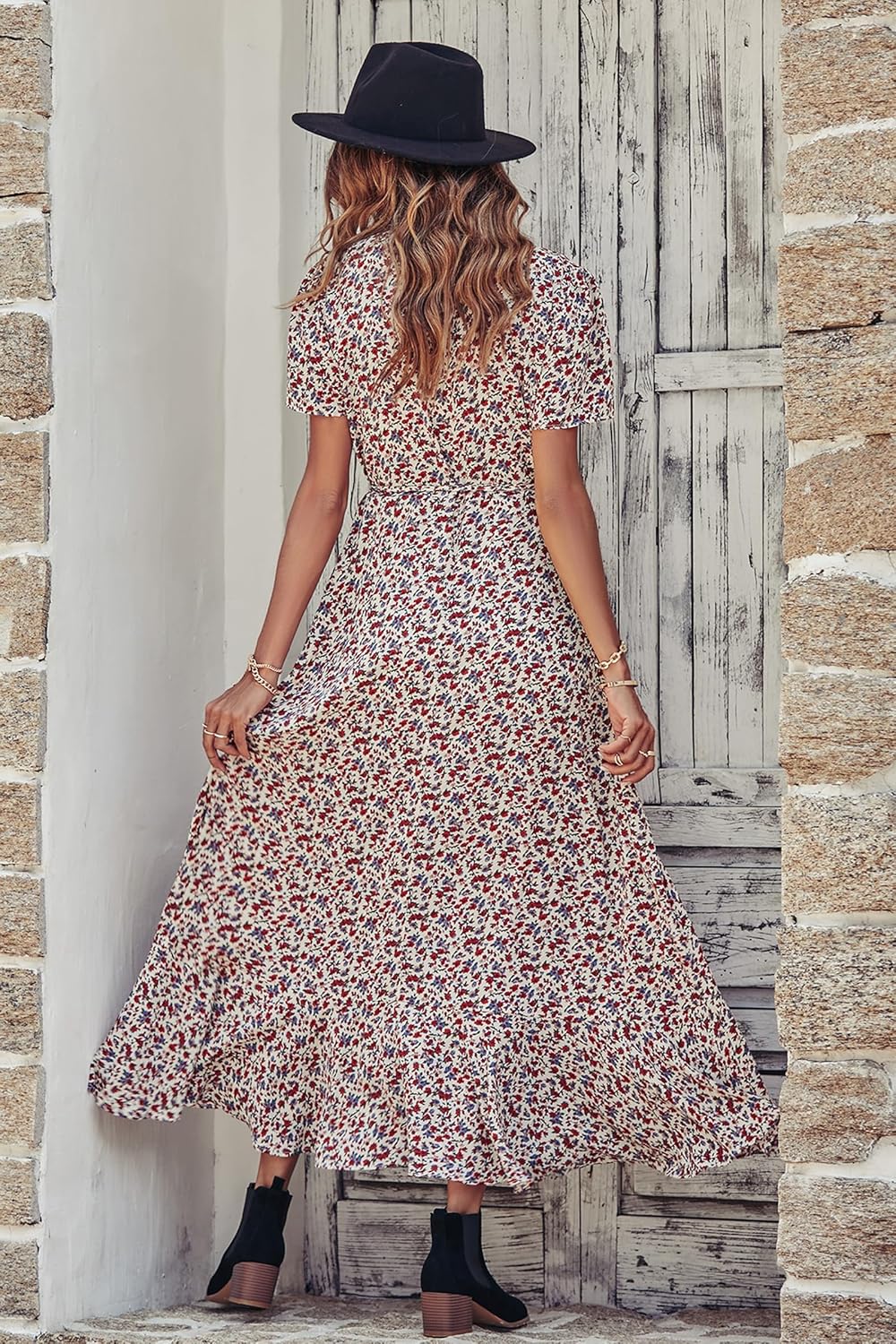 PRETTYGARDEN Women's Summer Wrap Maxi Dress Casual Short Sleeve Floral Boho V Neck Split Ruffle Beach Long Dresses