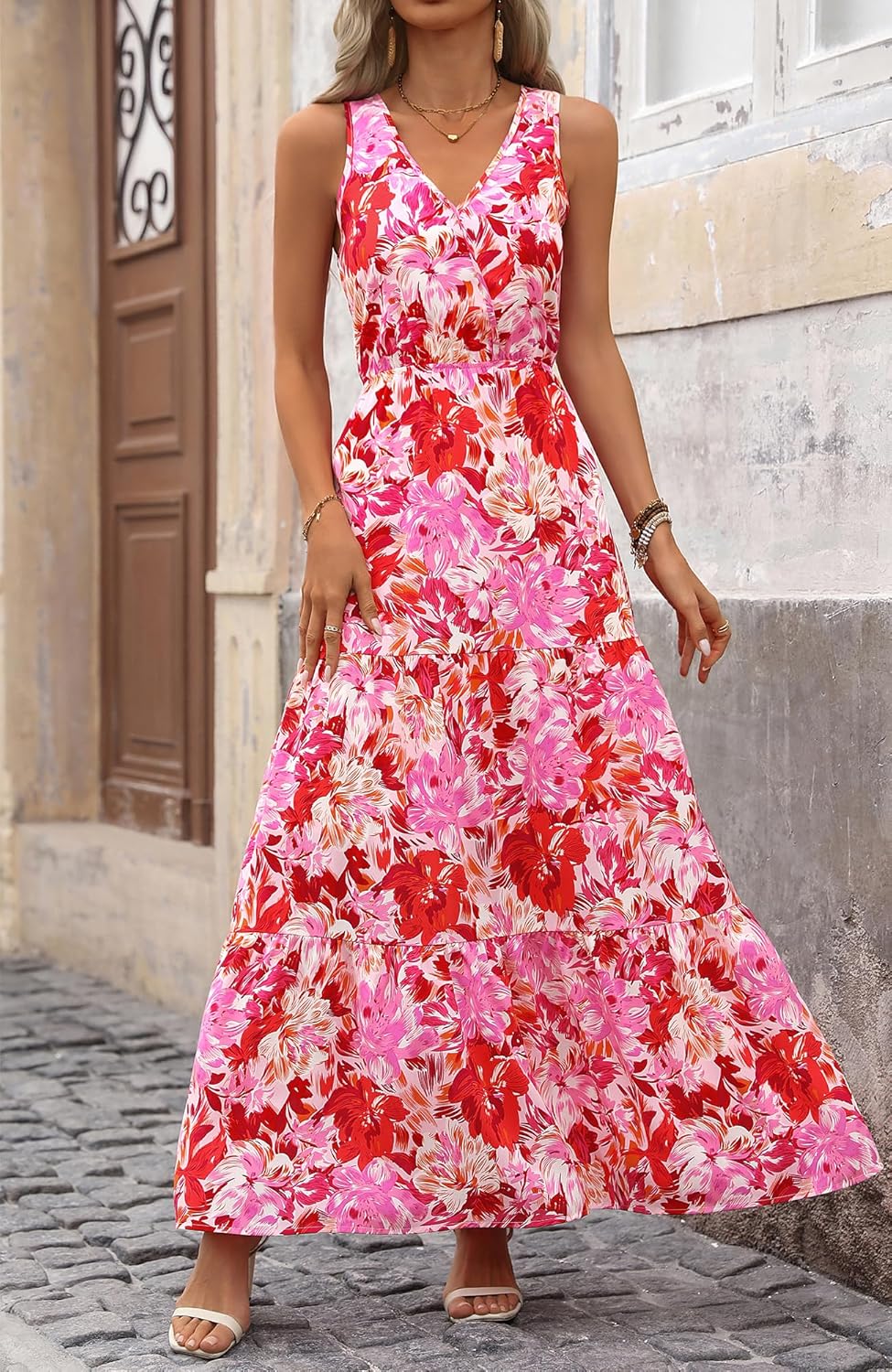 BTFBM Women Summer Dresses Casual Sleeveless Maxi Dresses Cute Floral Long Dress Wedding Guest Dress