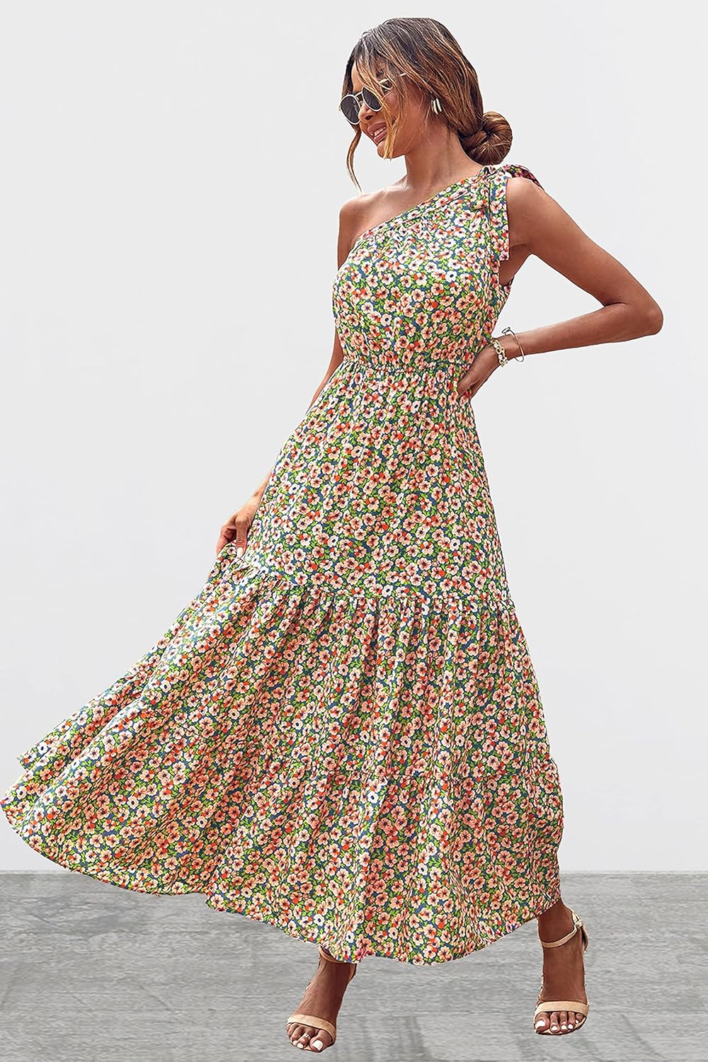 PRETTYGARDEN Women's Summer Floral Maxi Dress Knot One Shoulder Sleeveless Ruffle Flowy Boho Beach Wedding Guest Dresses