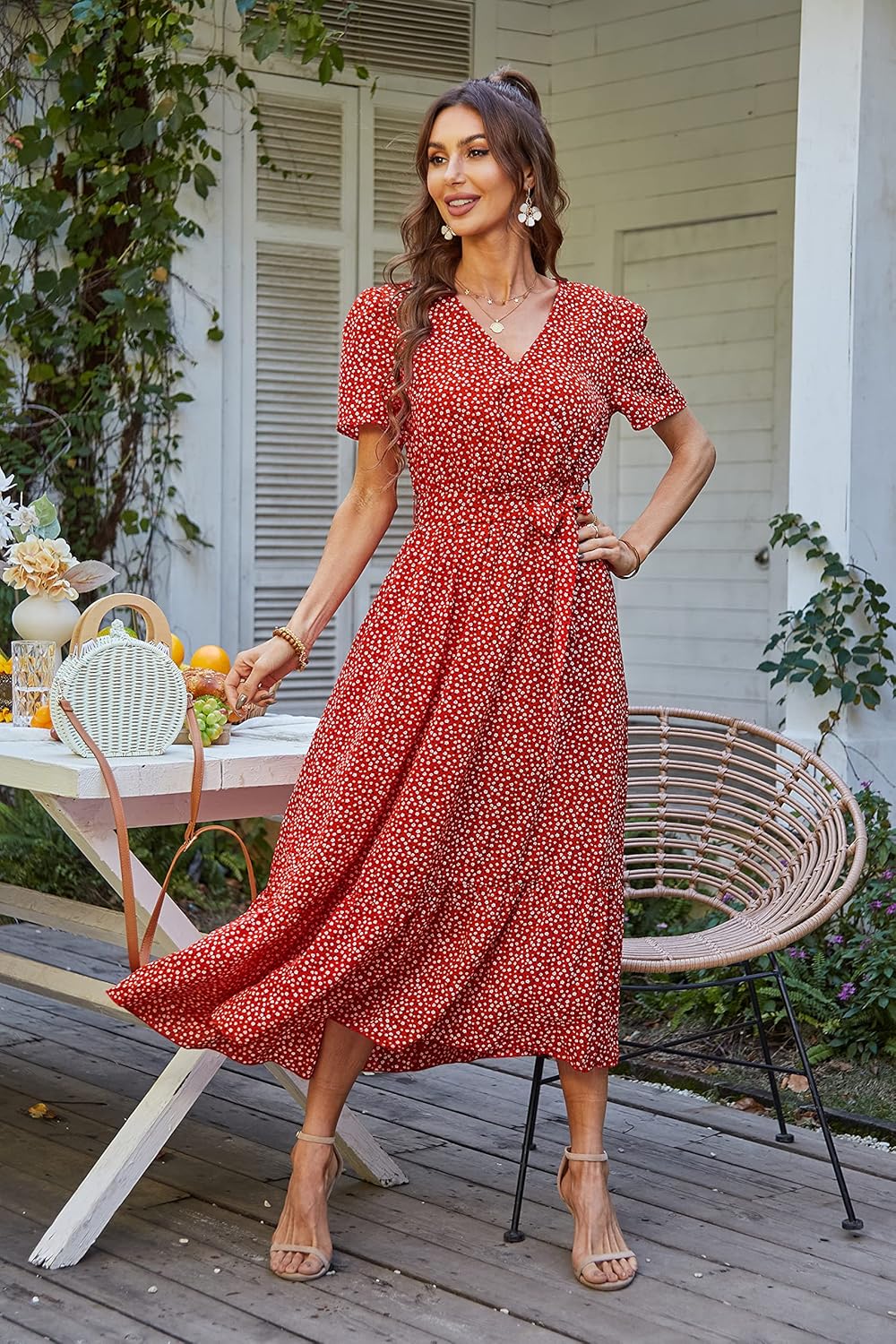PRETTYGARDEN Women's Summer Floral Boho Dress Wrap V Neck Short Sleeve Ruffle A-Line Flowy Maxi Wedding Guest Dresses