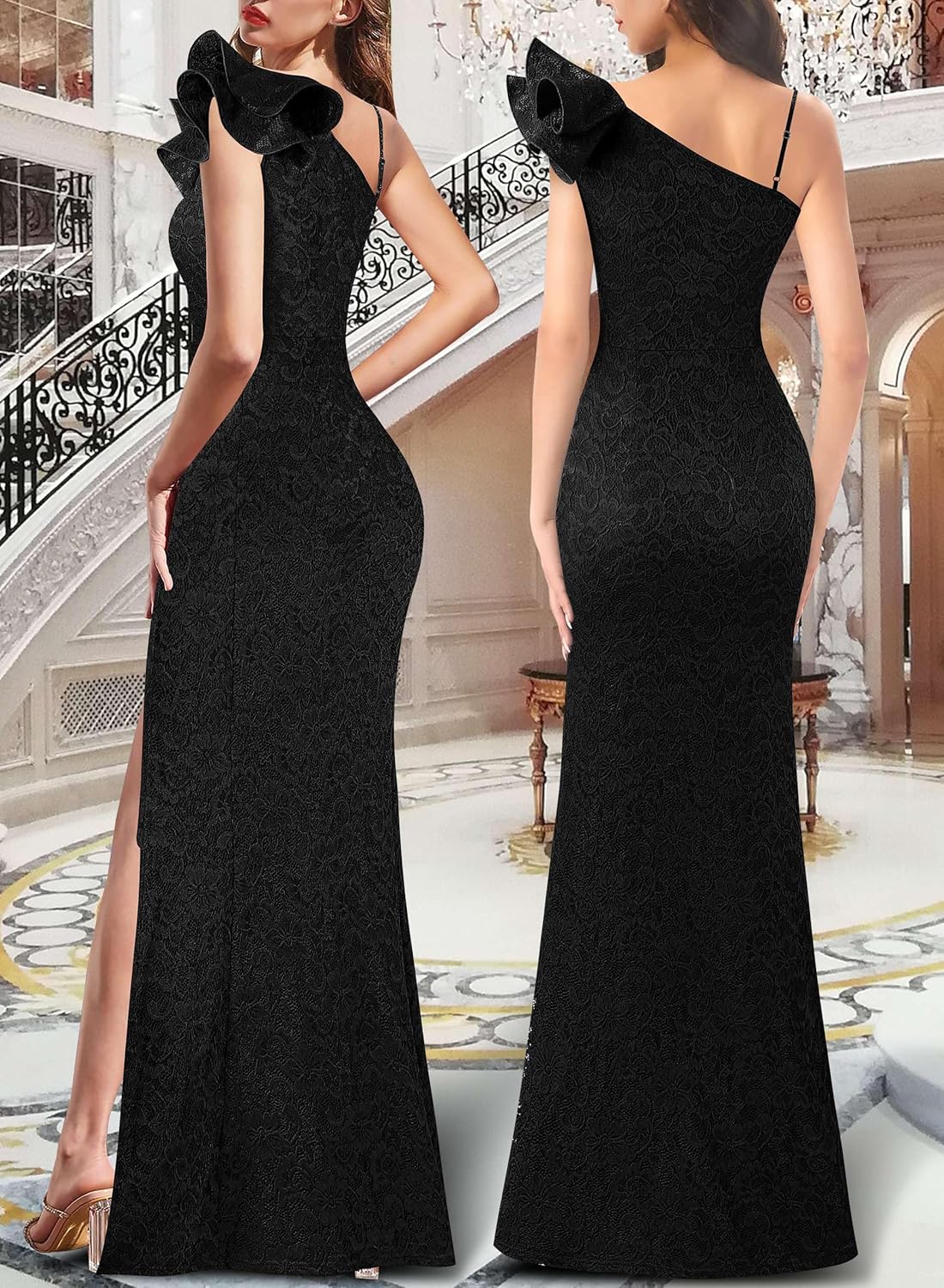 VFSHOW Womens Ruffle One Shoulder Strap Ruched Formal Prom Wedding Maxi Dress V Neck Elegant Split Cocktail Evening Long Gown