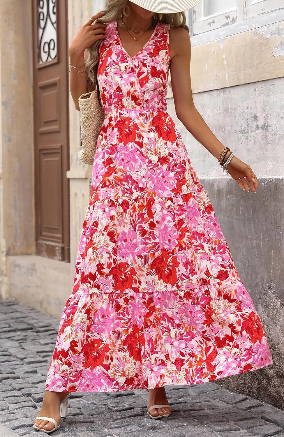 BTFBM Women Summer Dresses Casual Sleeveless Maxi Dresses Cute Floral Long Dress Wedding Guest Dress