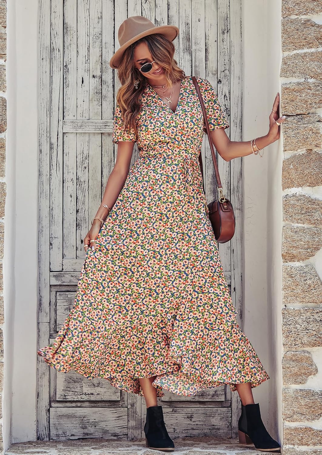 PRETTYGARDEN Women's Summer Wrap Maxi Dress Casual Short Sleeve Floral Boho V Neck Split Ruffle Beach Long Dresses
