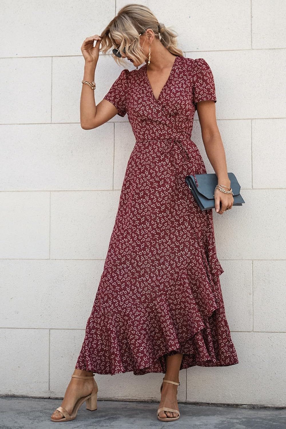 PRETTYGARDEN Women's Summer Wrap Maxi Dress Casual Short Sleeve Floral Boho V Neck Split Ruffle Beach Long Dresses