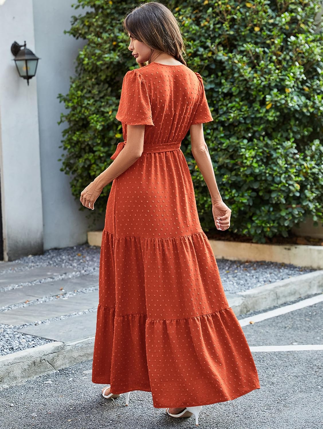 MASCOMODA Womens Boho Swiss Dot Maxi Dresses Wrap V Neck Flutter Short Sleeve Solid Tie Belt A Line Tiered Flowy Long Dress
