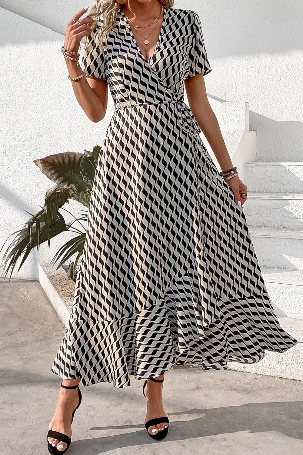 PRETTYGARDEN Women's Summer Wrap Maxi Dress Casual Short Sleeve Floral Boho V Neck Split Ruffle Beach Long Dresses