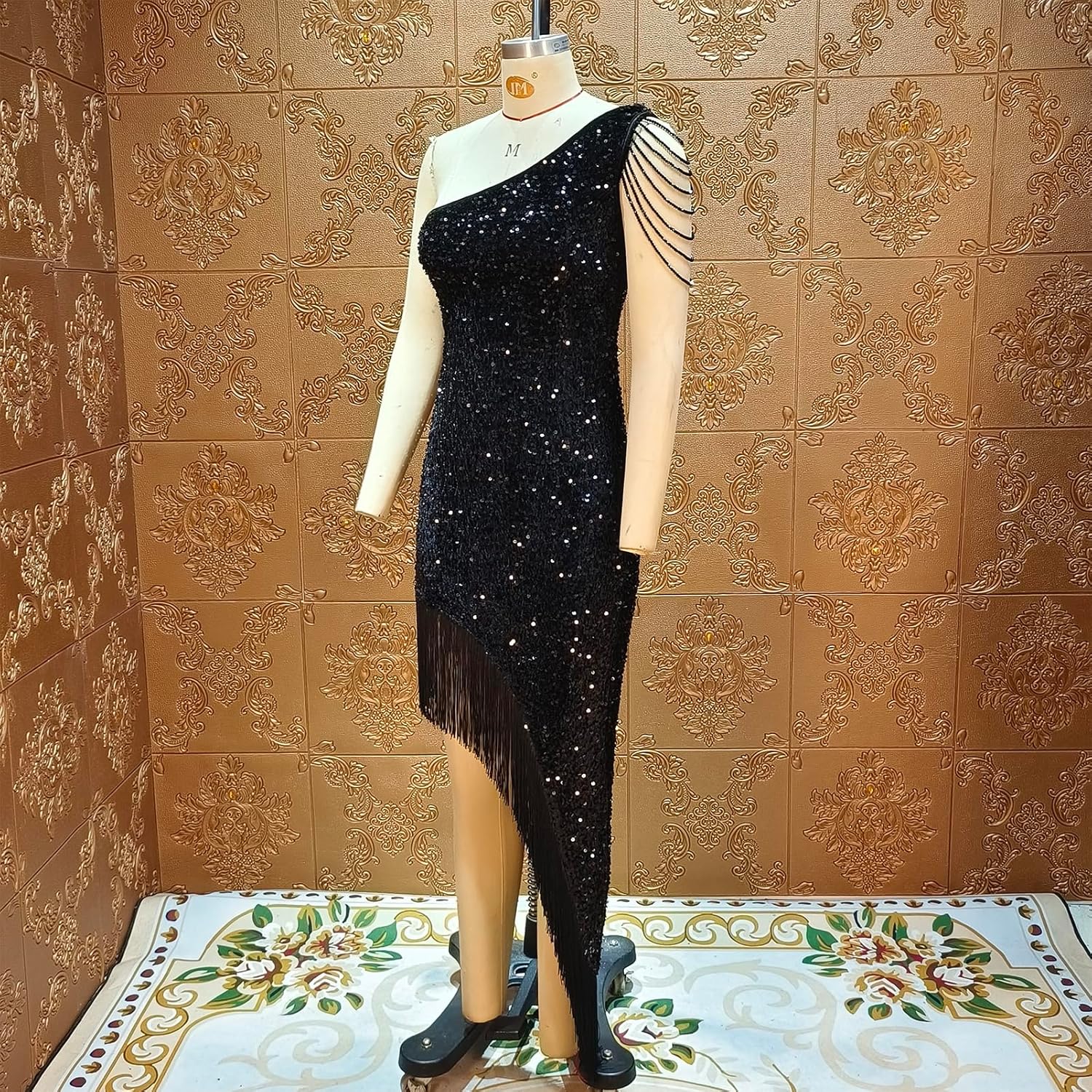 Cololura Women Sequin Elegant Sexy Tassels One Shoulder Mermaid Bodycon Cocktail Evening Midi Party Formal Dress