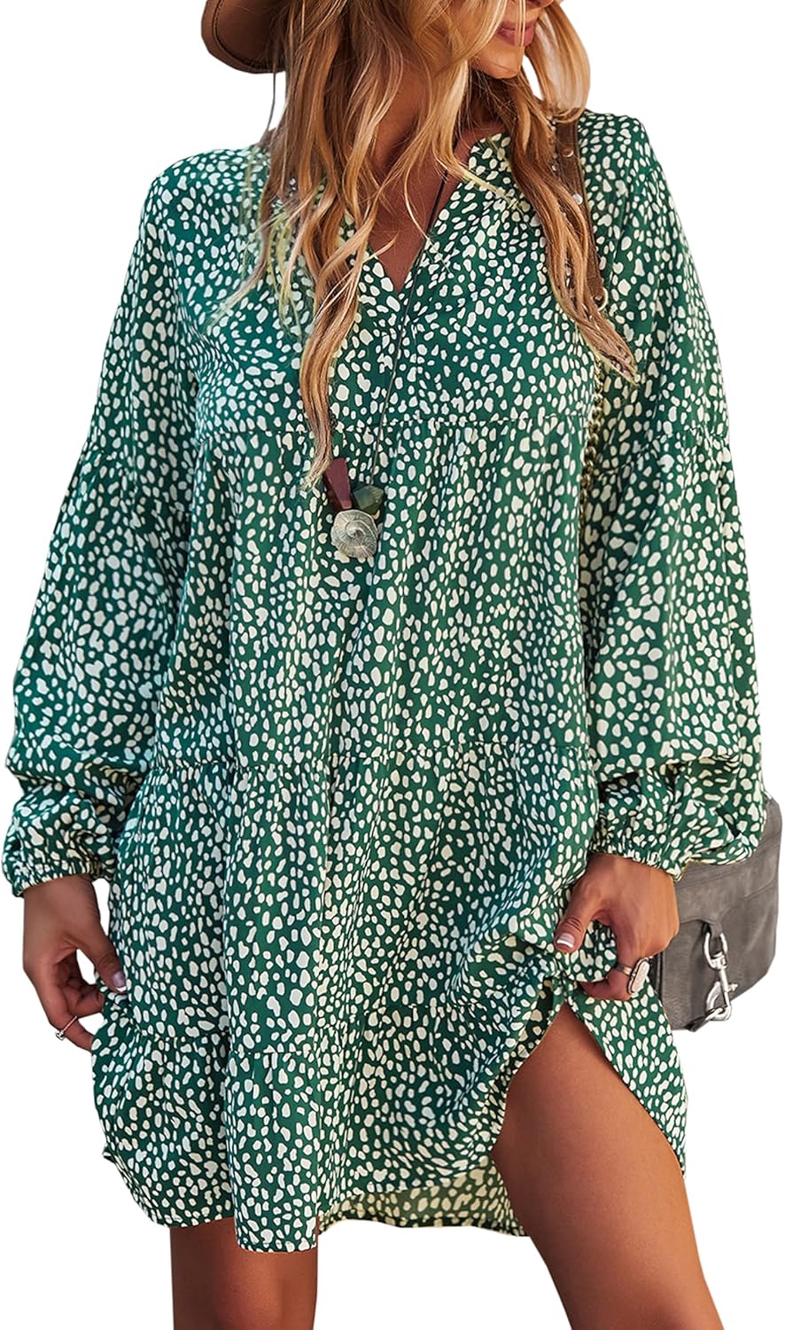 CCTOO Women's Summer Dresses Casual V Neck Button Down 3/4 Sleeve Floral Print Loose Flowy Shirt Dress