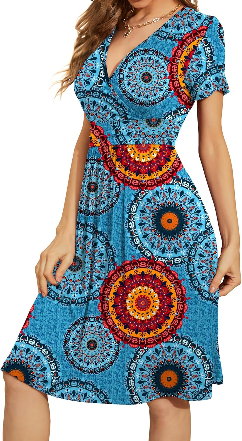 WEACZZY Women's Summer Short Sleeve Casual Dresses V-Neck Floral Party Dress with Pockets