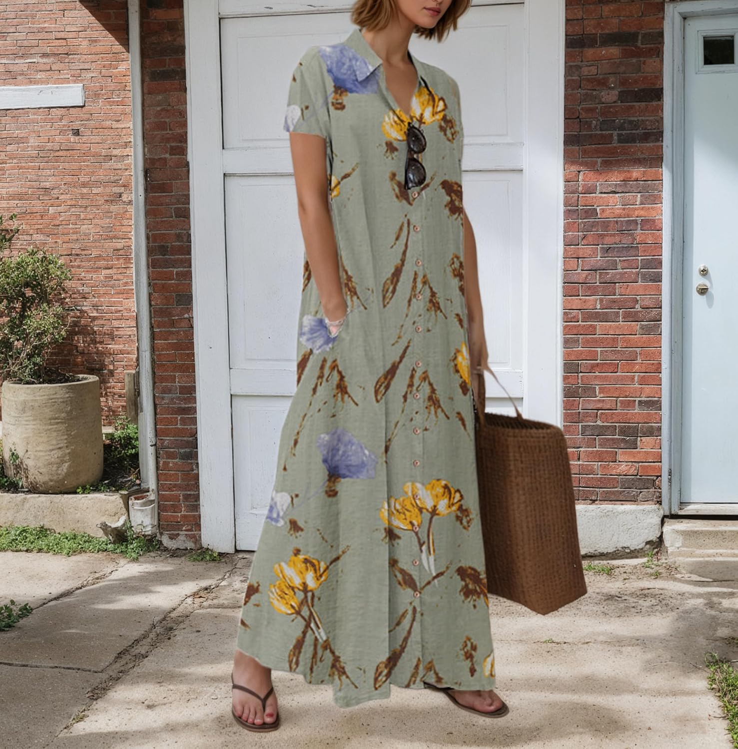 TIAFORD Womens 2025 Trendy Button Down Cotton Linen Maxi Dress Plus Size Short Sleeve Lapel Shirt Dresses with 2 Pockets
