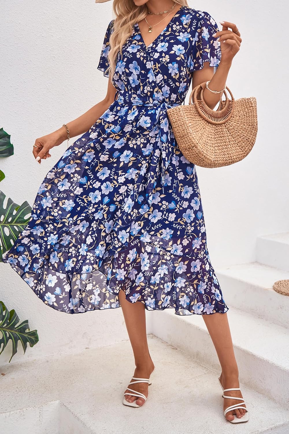 PRETTYGARDEN Women's Summer Floral Boho Dress Wrap V Neck Short Sleeve Ruffle A-Line Flowy Maxi Wedding Guest Dresses