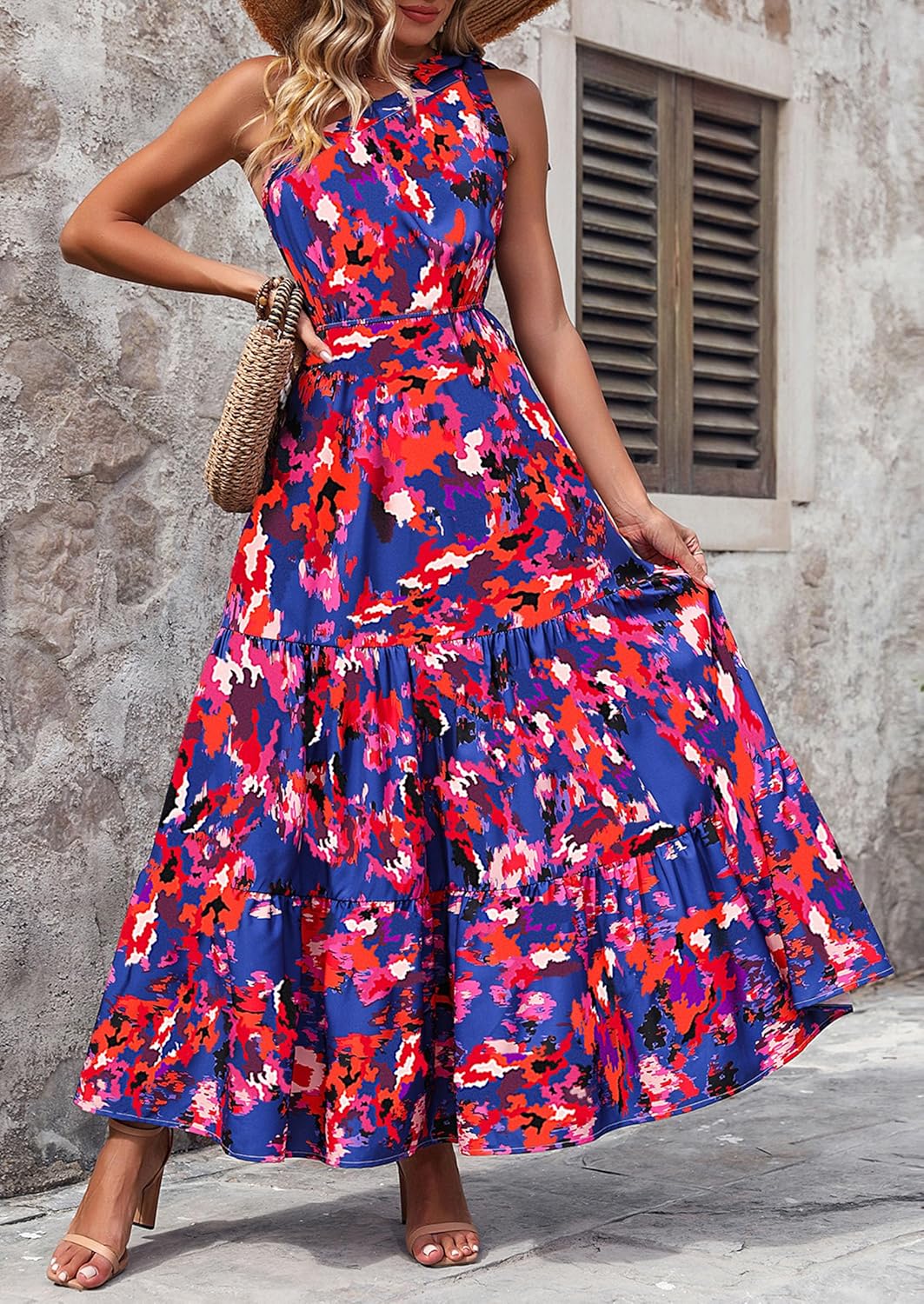 PRETTYGARDEN Women's Summer Floral Maxi Dress Knot One Shoulder Sleeveless Ruffle Flowy Boho Beach Wedding Guest Dresses