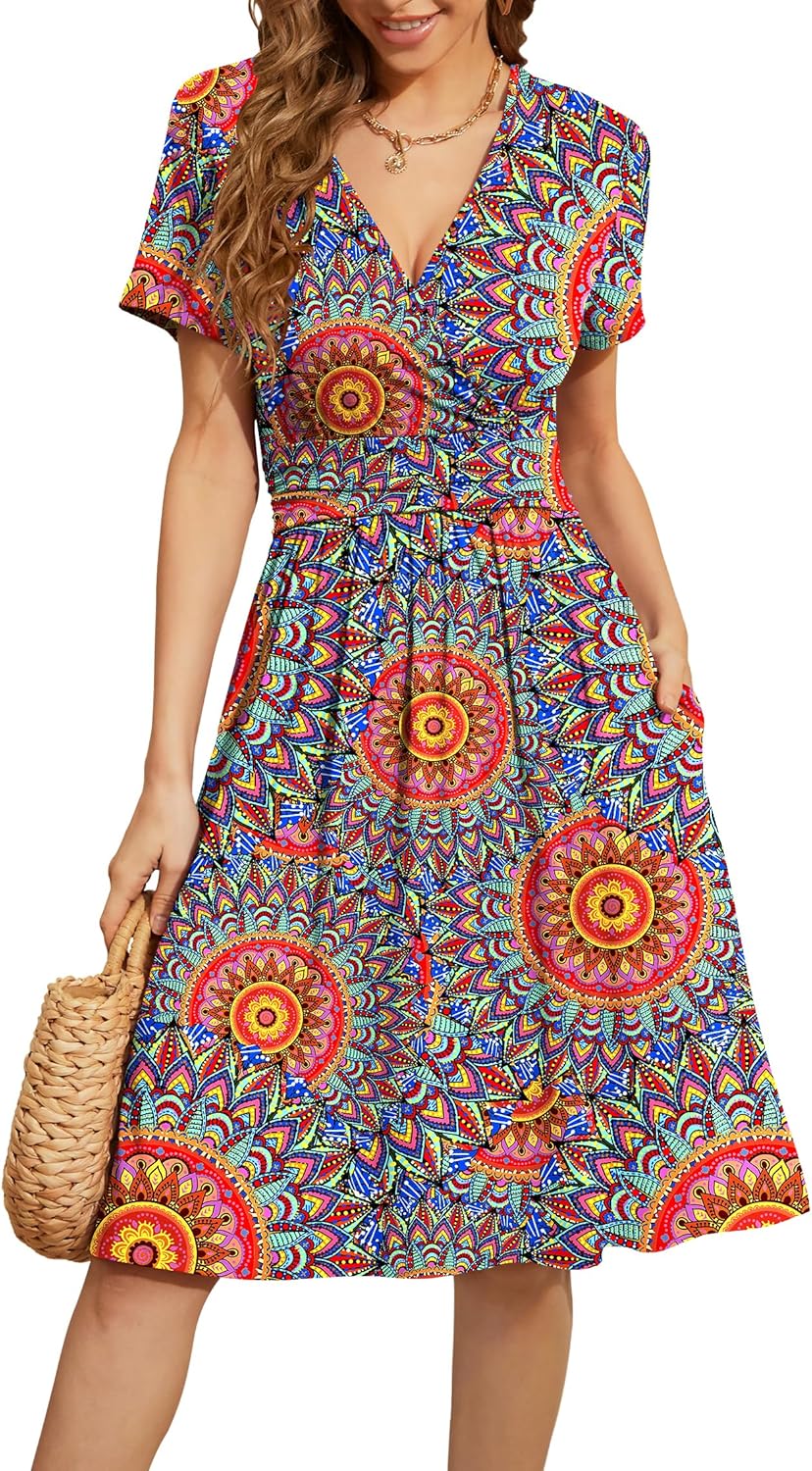 WEACZZY Women's Summer Short Sleeve Casual Dresses V-Neck Floral Party Dress with Pockets
