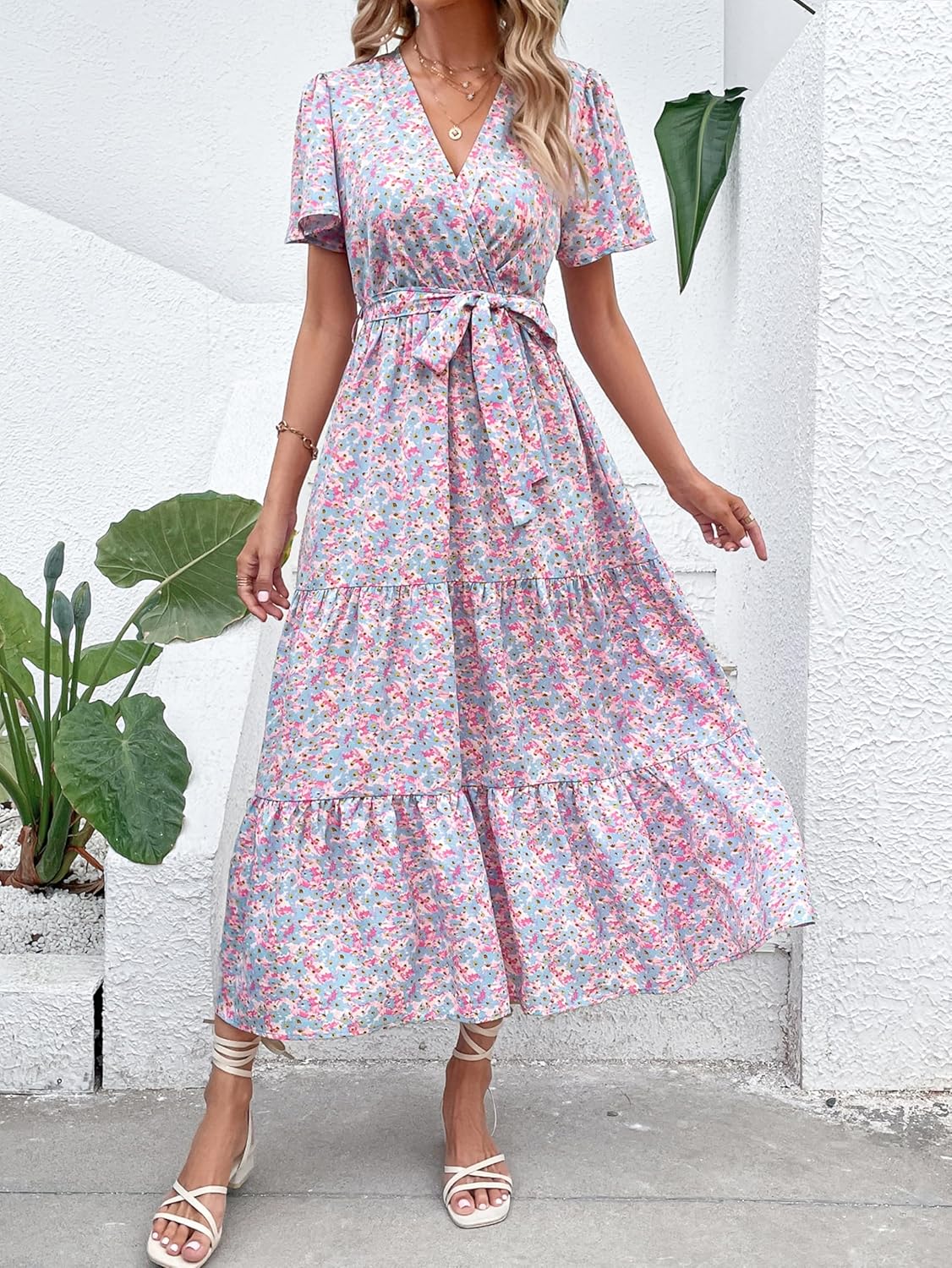 MASCOMODA Womens Boho Swiss Dot Maxi Dresses Wrap V Neck Flutter Short Sleeve Solid Tie Belt A Line Tiered Flowy Long Dress